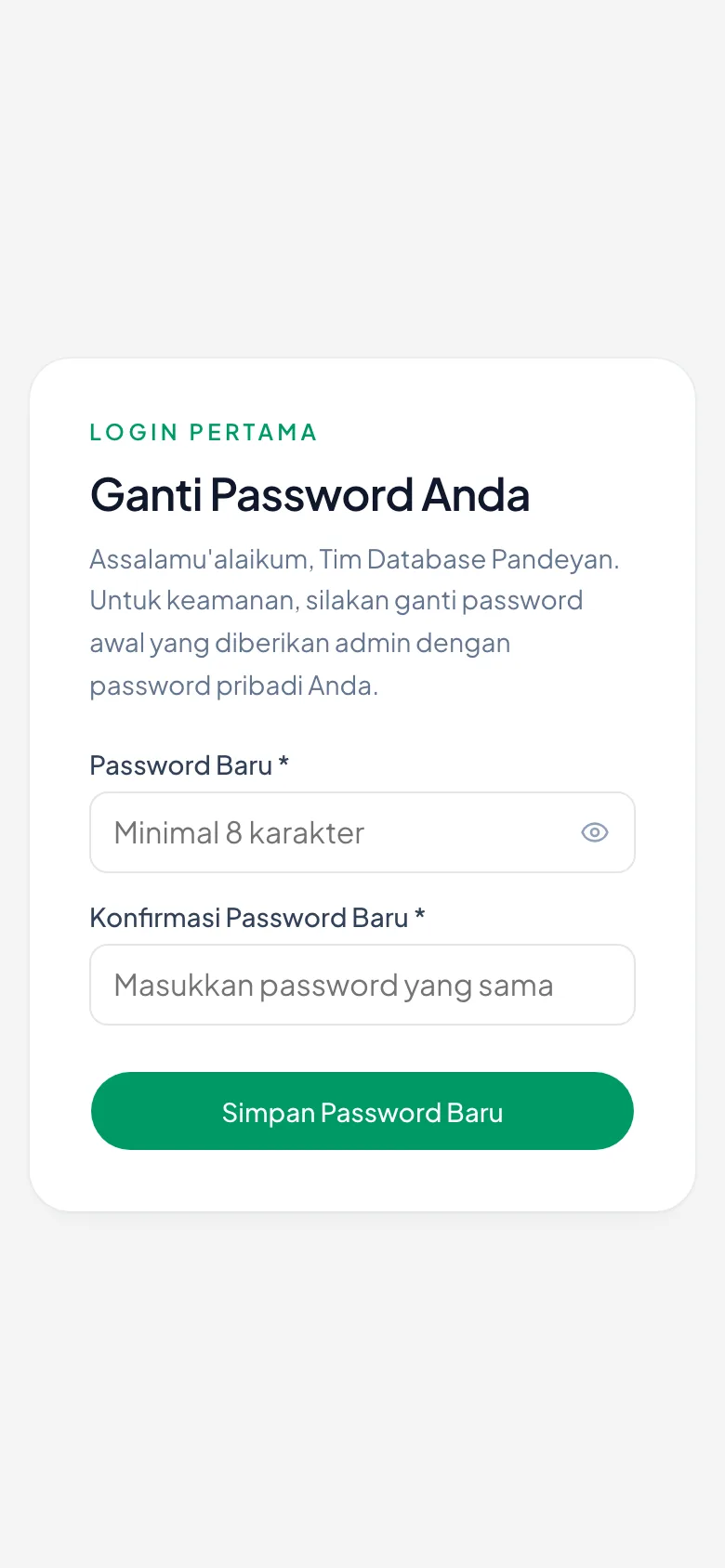 Peragaan: Halaman Ganti Password, dengan sapaan berisi nama pemilik akun.