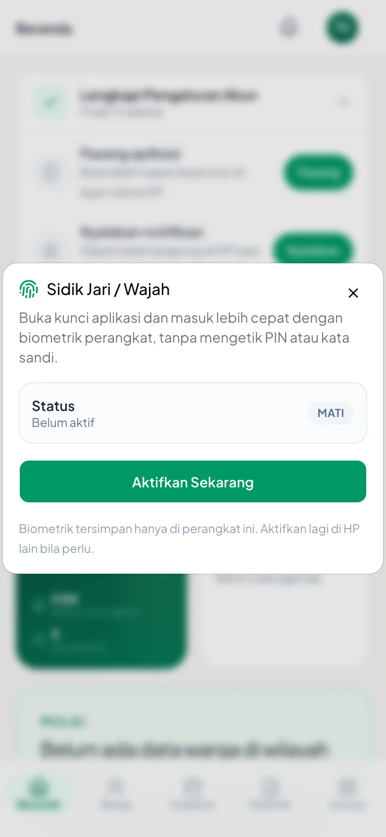 Peragaan: Status masih "MATI" dengan tombol Aktifkan Sekarang di bawahnya.