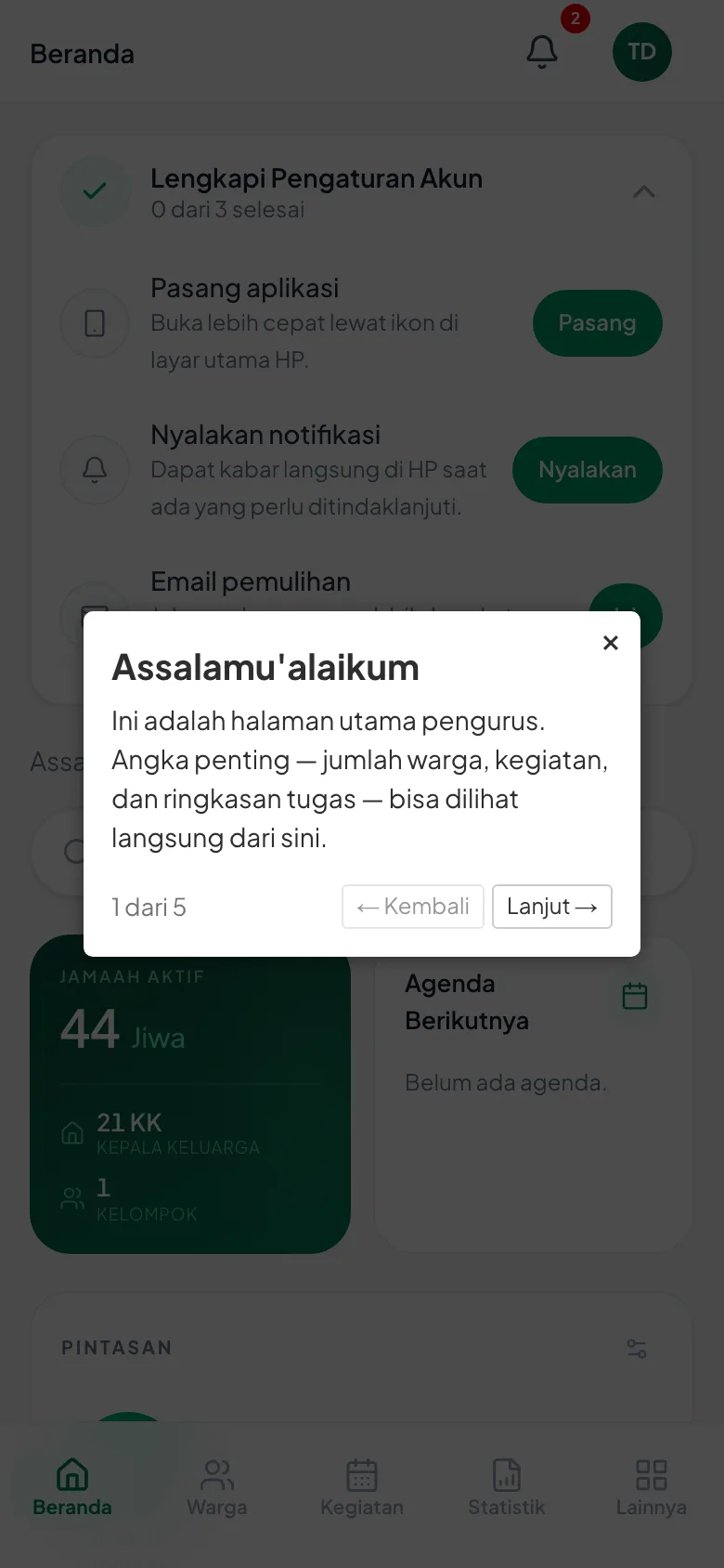 Peragaan: Kotak "Selamat Datang" dengan penunjuk "1 dari 6" dan tombol Lanjut.