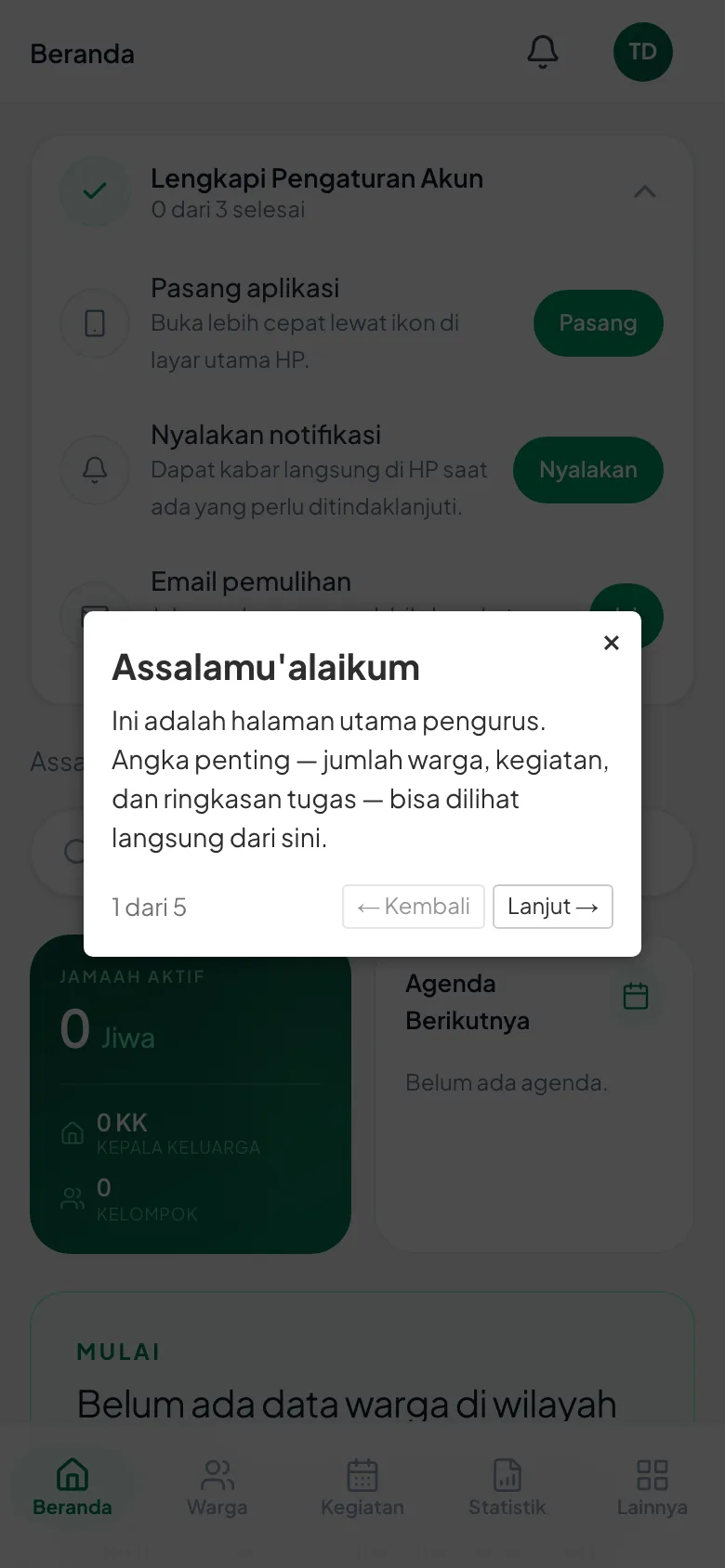 Peragaan: Yang diawali "Assalamu'alaikum" dengan penunjuk "1 dari 5" — inilah rangkaian kedua yang muncul sesudah rangkaian pertama habis.