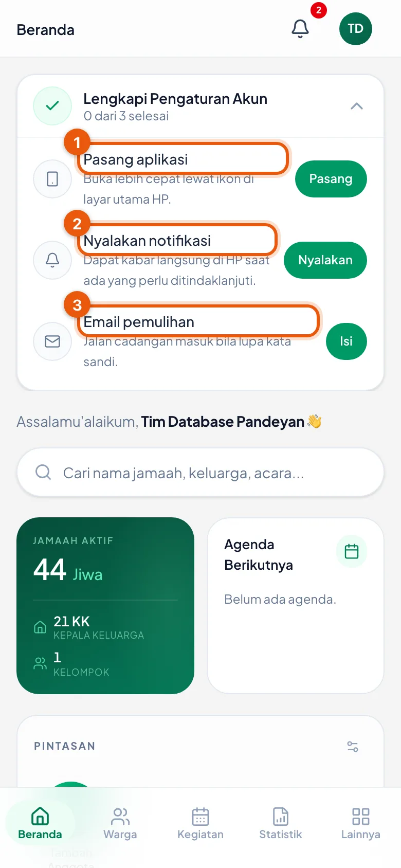 Peragaan: Nomor 1 pasang aplikasi, nomor 2 notifikasi, nomor 3 email pemulihan.