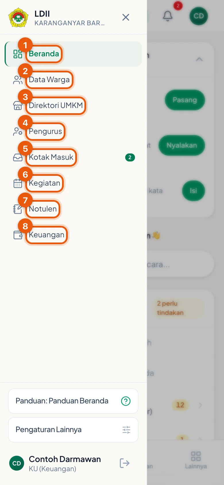 Peragaan: Delapan menu utama. Di bawahnya ada Panduan, Pengaturan Lainnya, dan tombol keluar.
