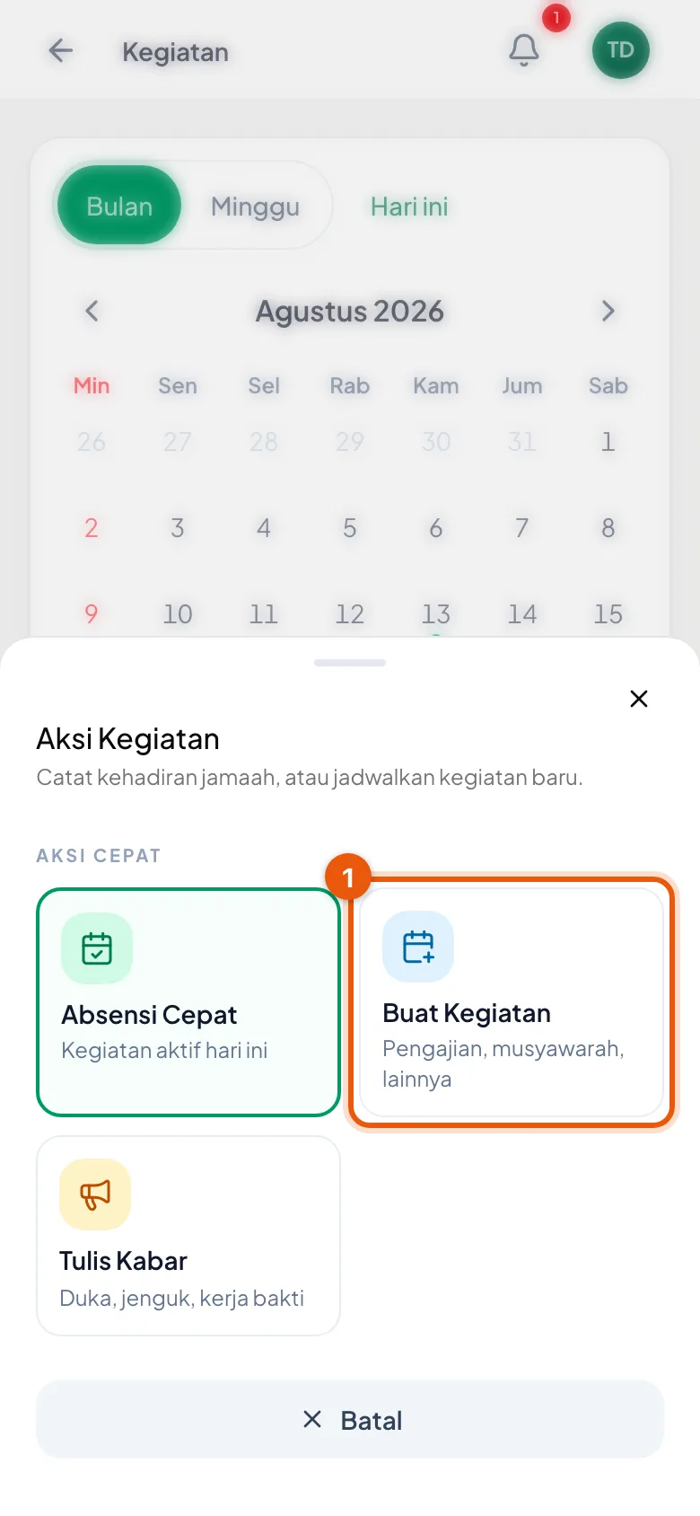 Ketuk tombol di sudut kanan bawah, lalu pilih Kegiatan.