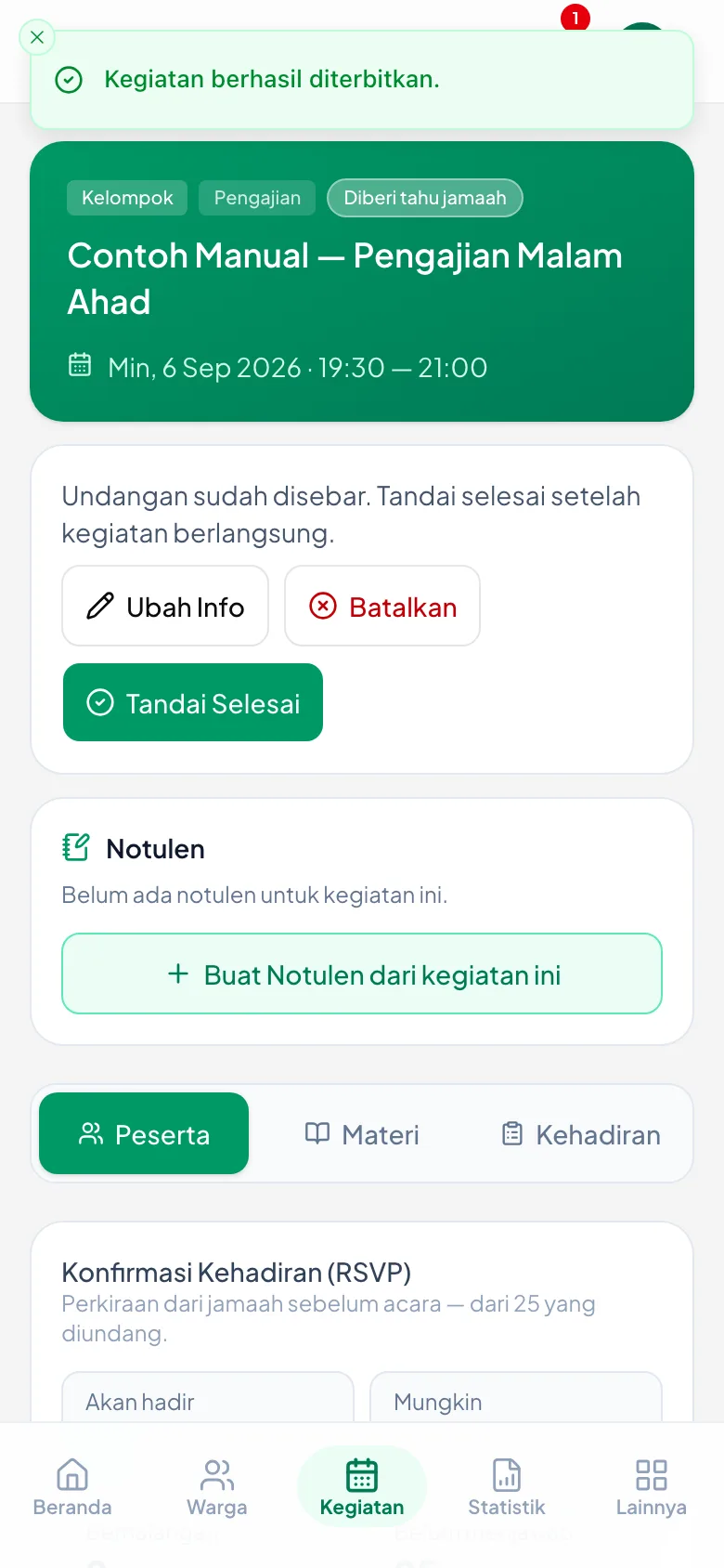 Tujuan setelah diterbitkan — pintu ke peserta, undangan, dan absensi.