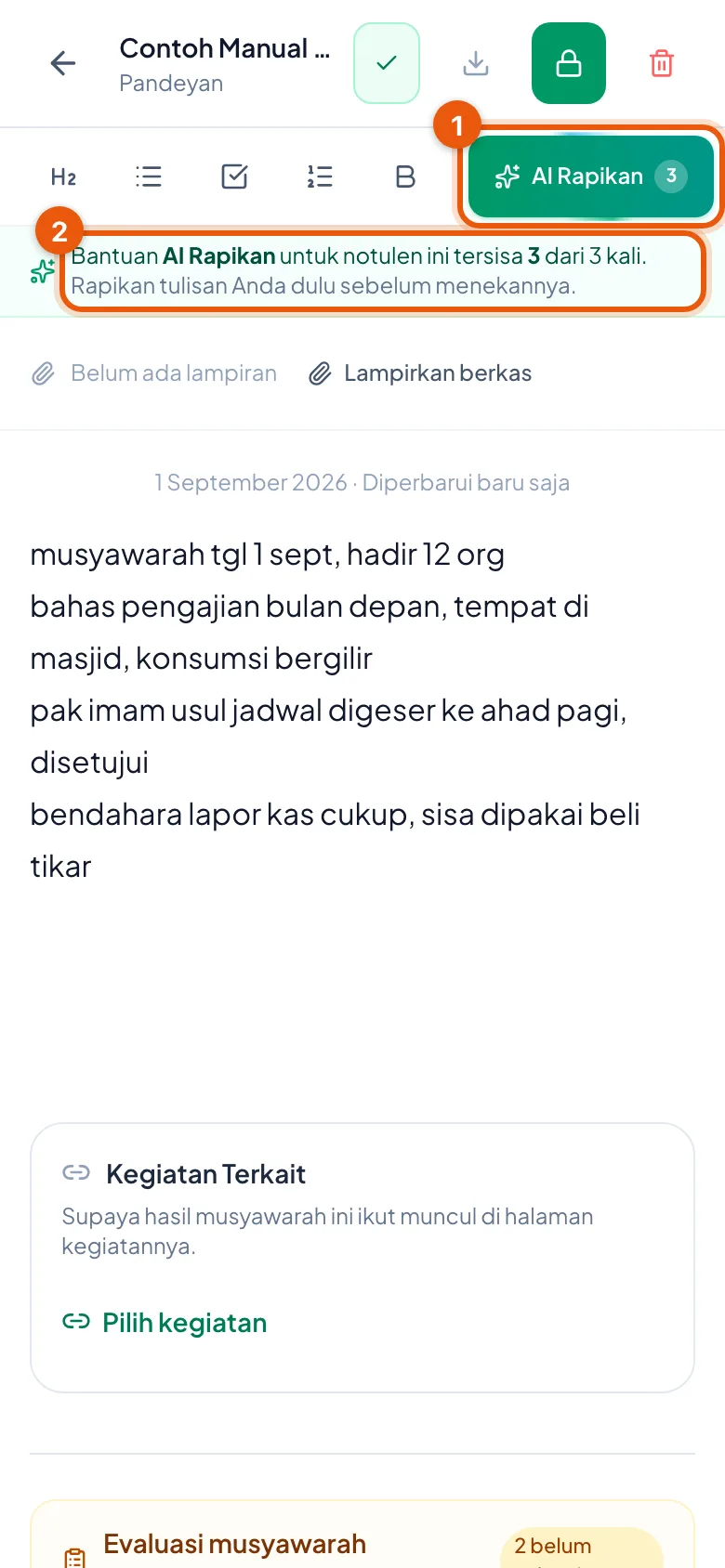 Peragaan: Nomor 1 tombol AI Rapikan beserta angka sisa jatah di dalamnya, nomor 2 keterangan jatah.