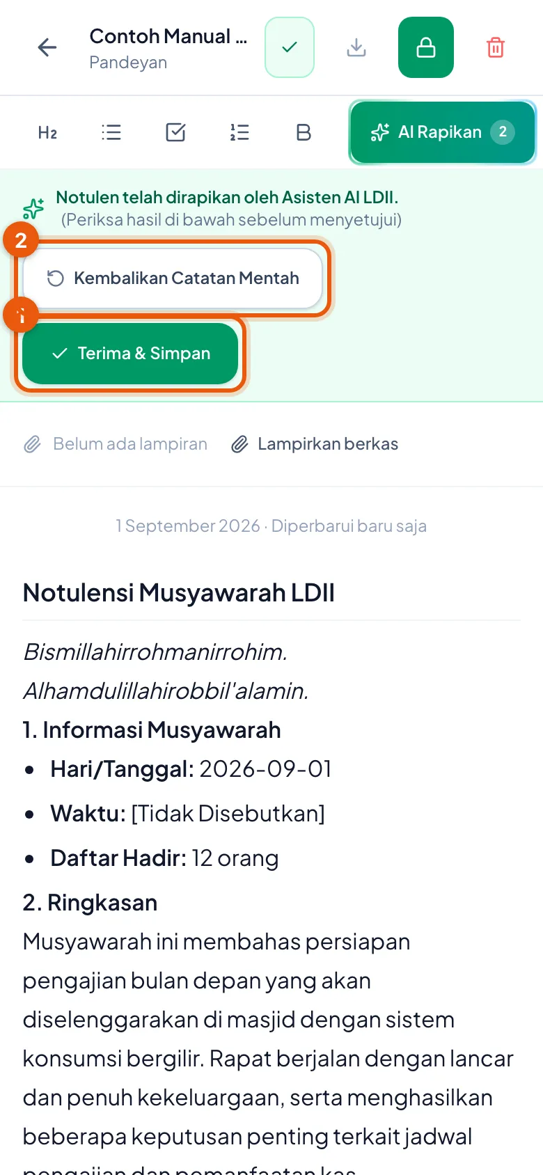 Peragaan: Nomor 1 Terima & Simpan, nomor 2 Kembalikan Catatan Mentah.