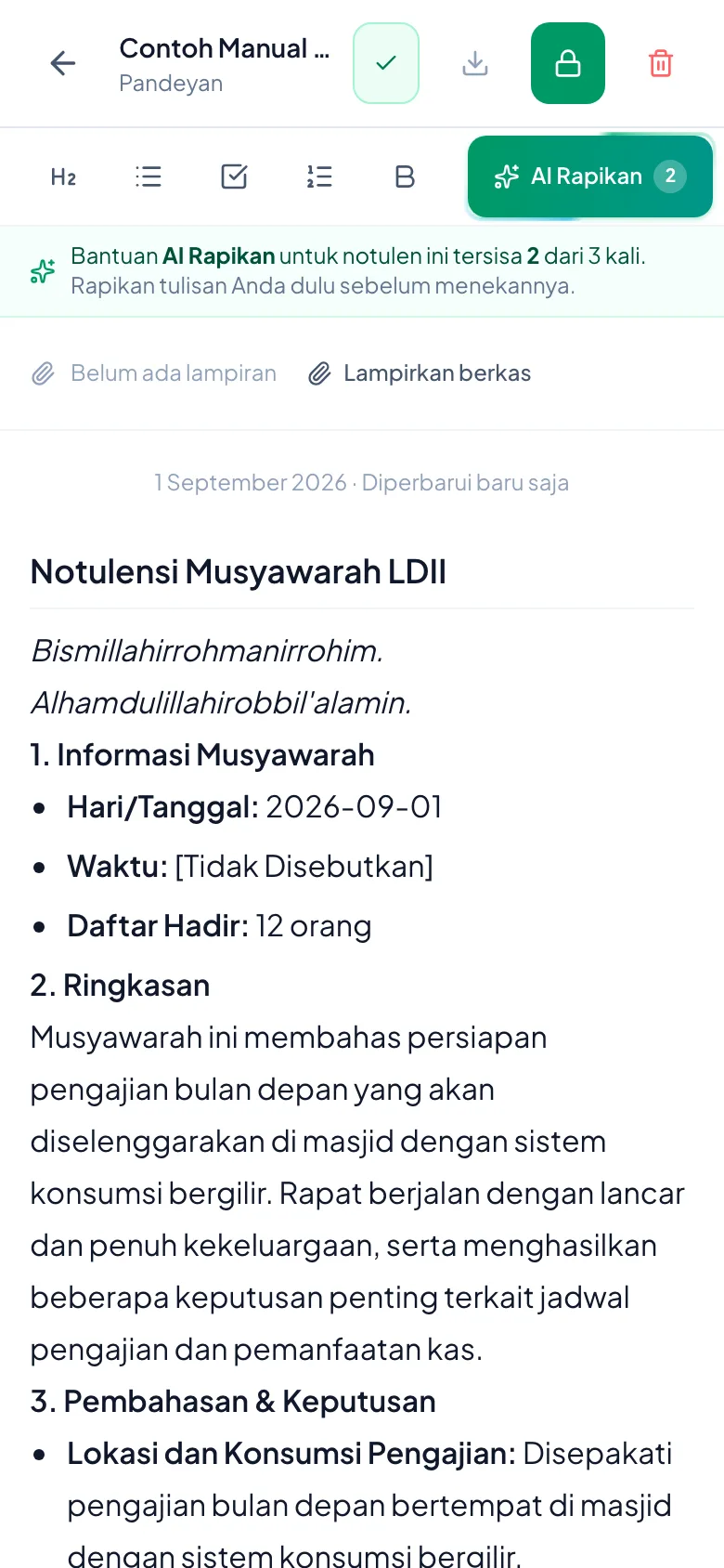 Peragaan: Keterangan hijaunya hilang, notulen rapi tersimpan, dan alat tulis kembali seperti biasa.