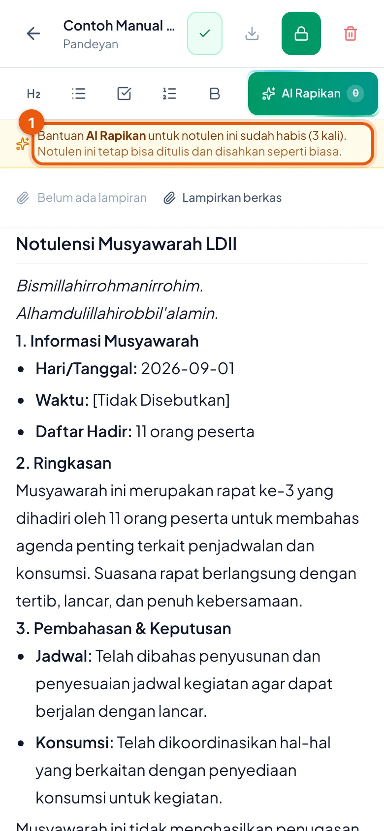 Peragaan: Nomor 1 keterangan kuning; notulennya sendiri tetap bisa ditulis dan disahkan.