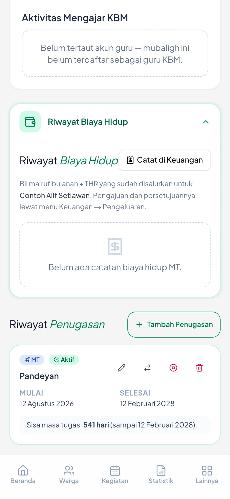 Keadaan kosong yang wajar, lengkap dengan tombol Catat di Keuangan.