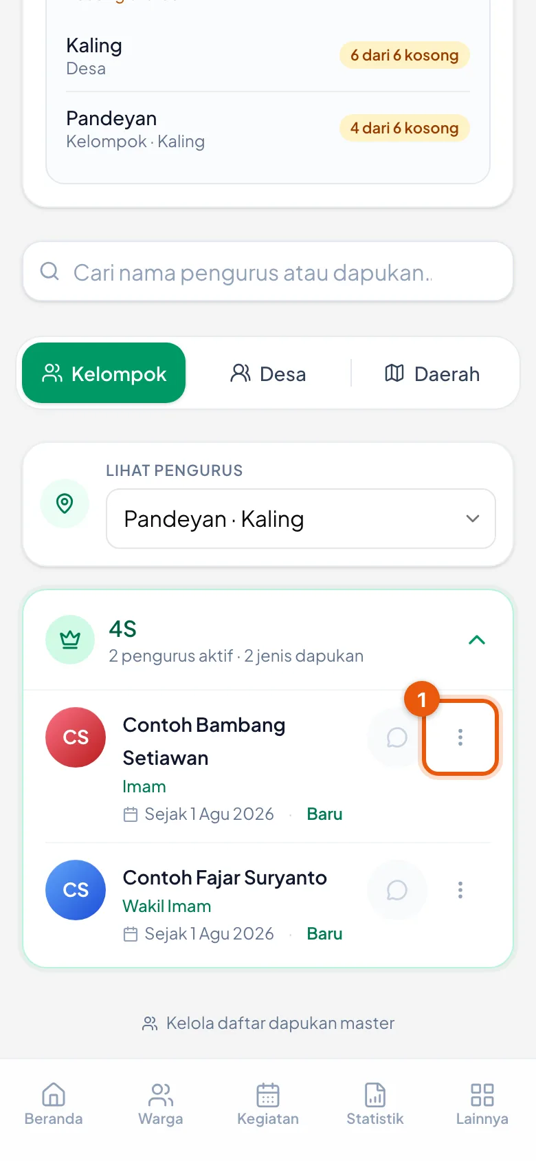Setiap baris menyebutkan dapukannya (Imam, Wakil Imam) dan sejak kapan dipegang. Tombol titik tiga ada di ujung kanan.
