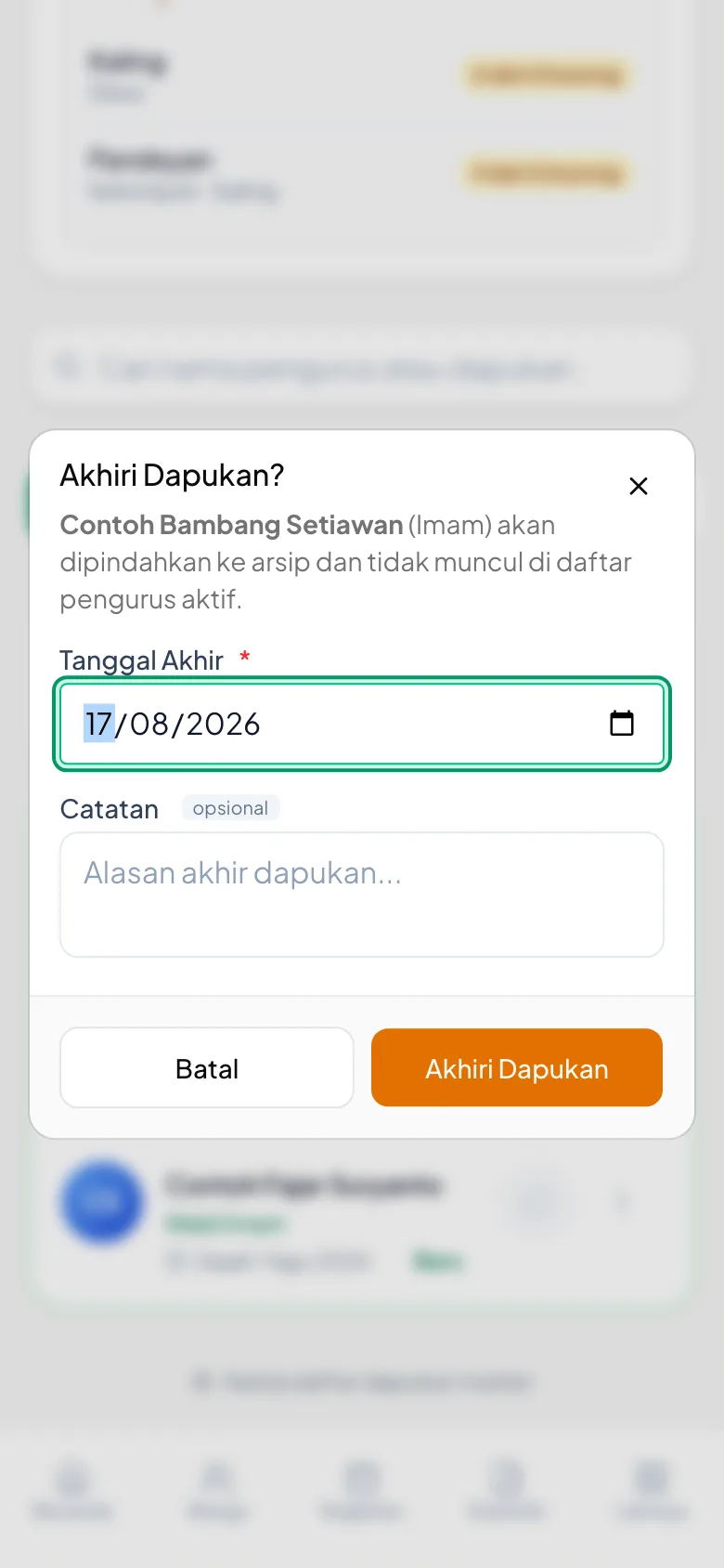 Tanggal Akhir sudah terisi hari ini dan bertanda wajib; Catatan bertanda opsional.