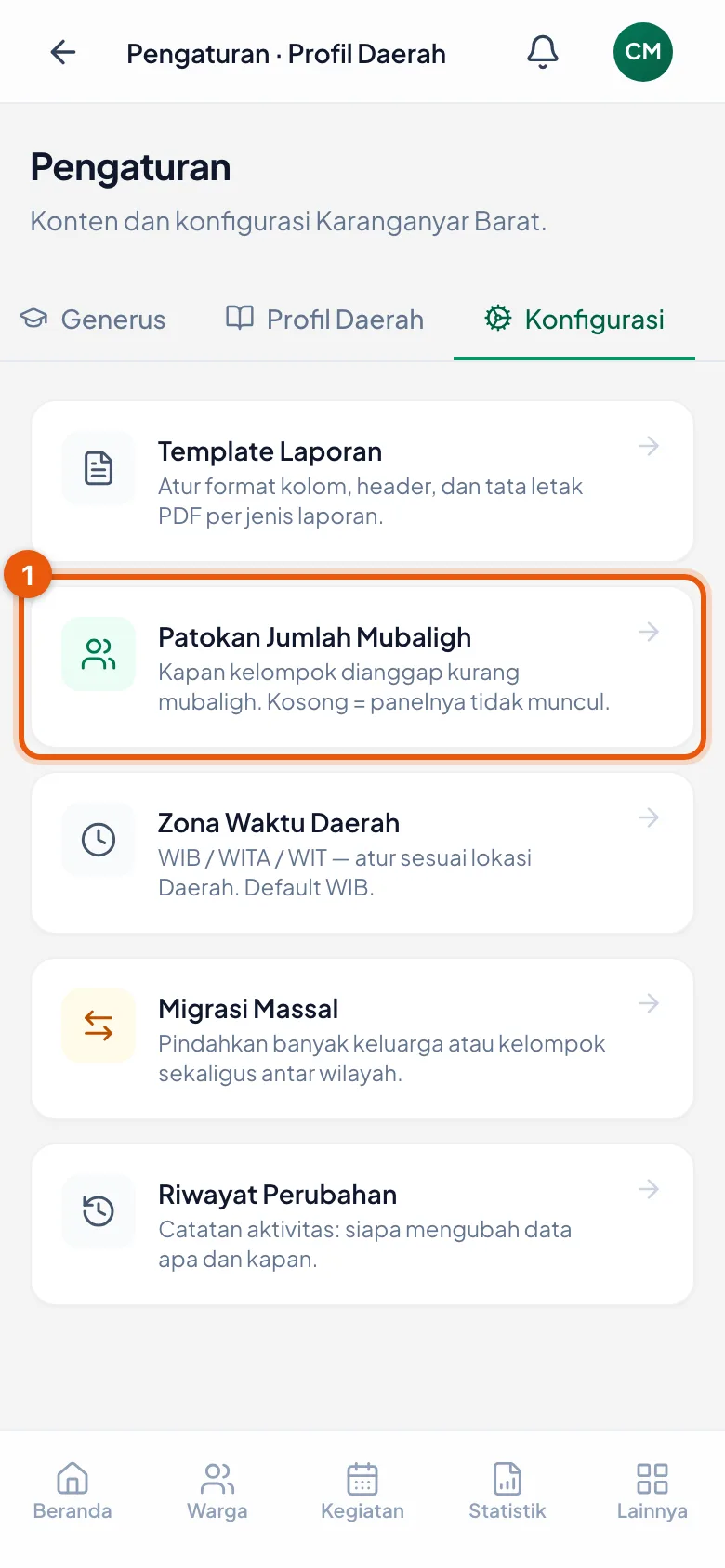 Pengaturan → tab Konfigurasi → Patokan Jumlah Mubaligh.