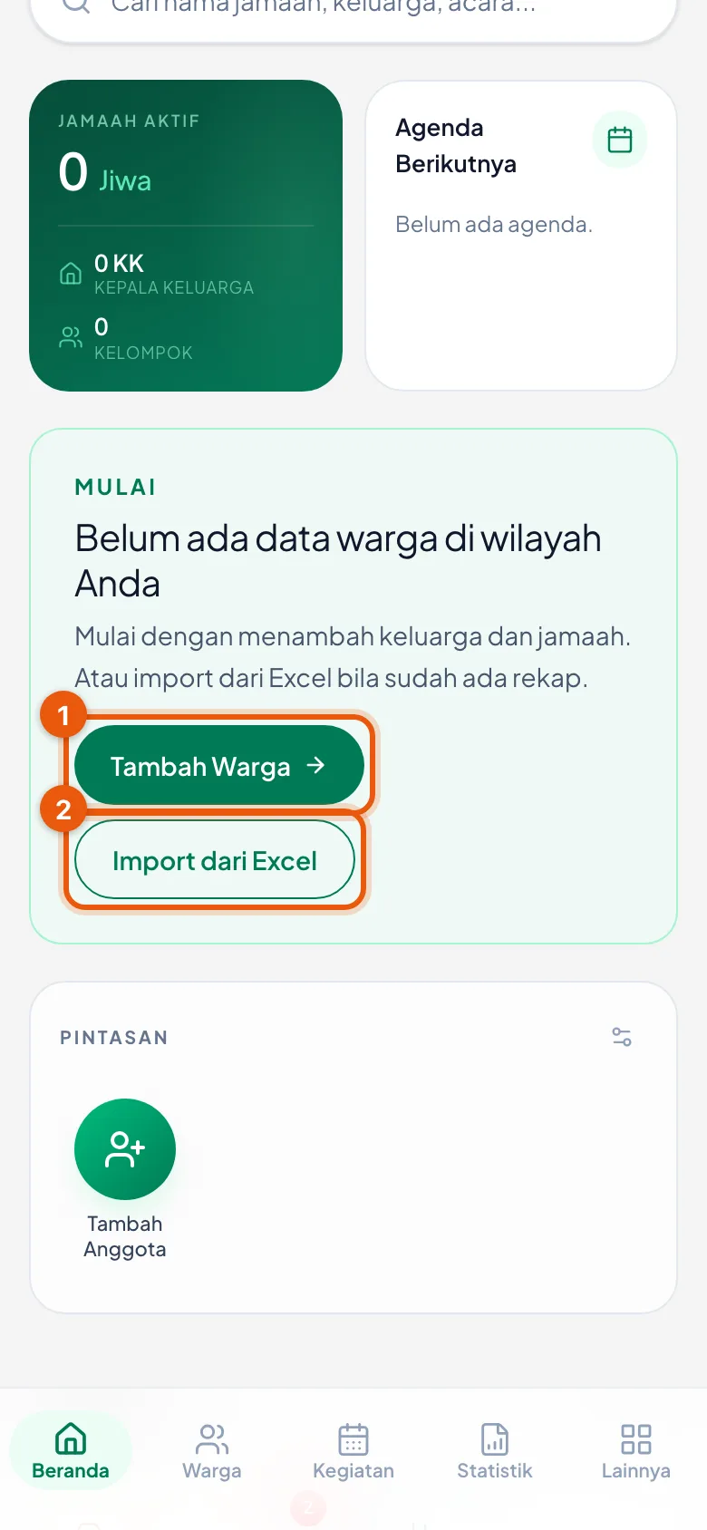 Beranda menampilkan kartu MULAI dengan dua pilihan: Tambah Warga dan Import dari Excel.