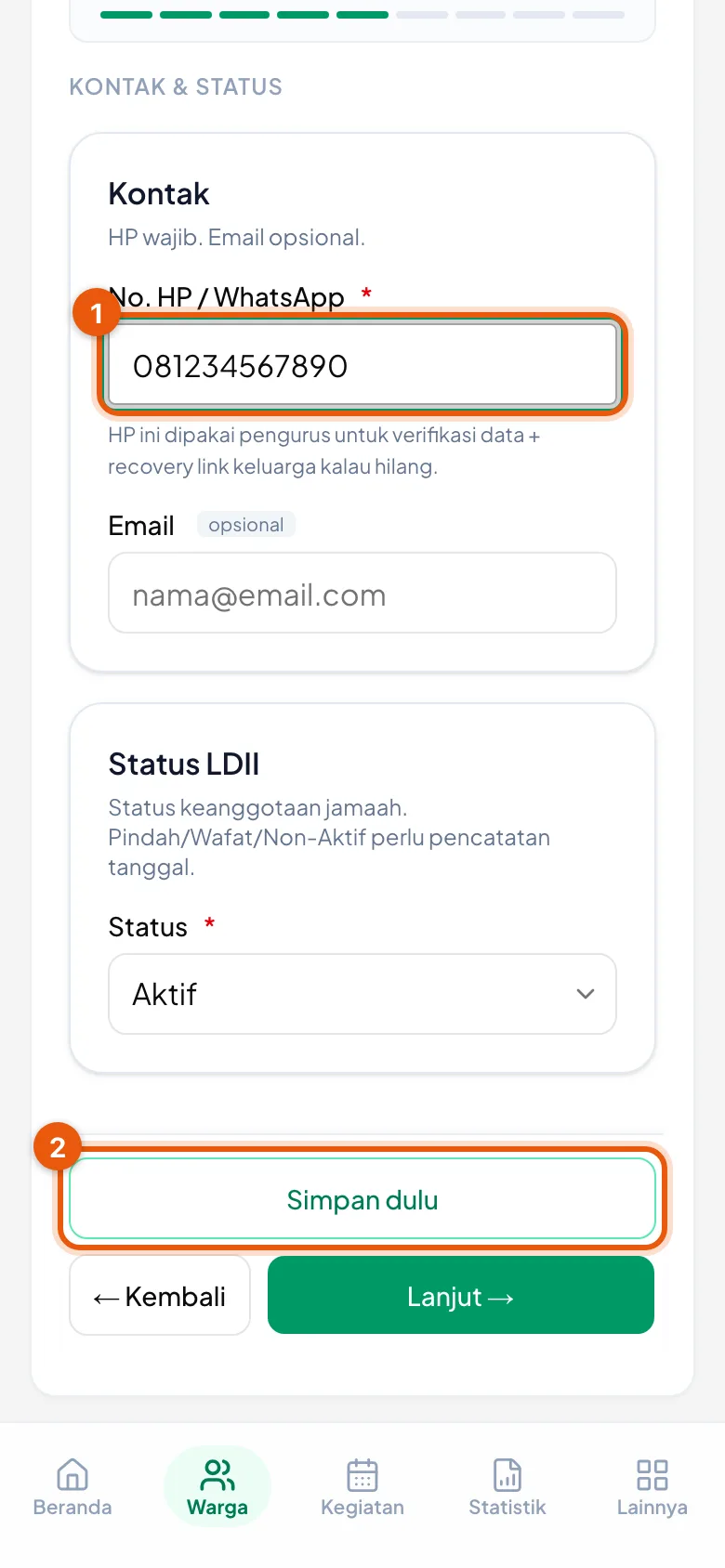 Nomor 1 kotak No. HP yang wajib; nomor 2 tombol Simpan dulu.