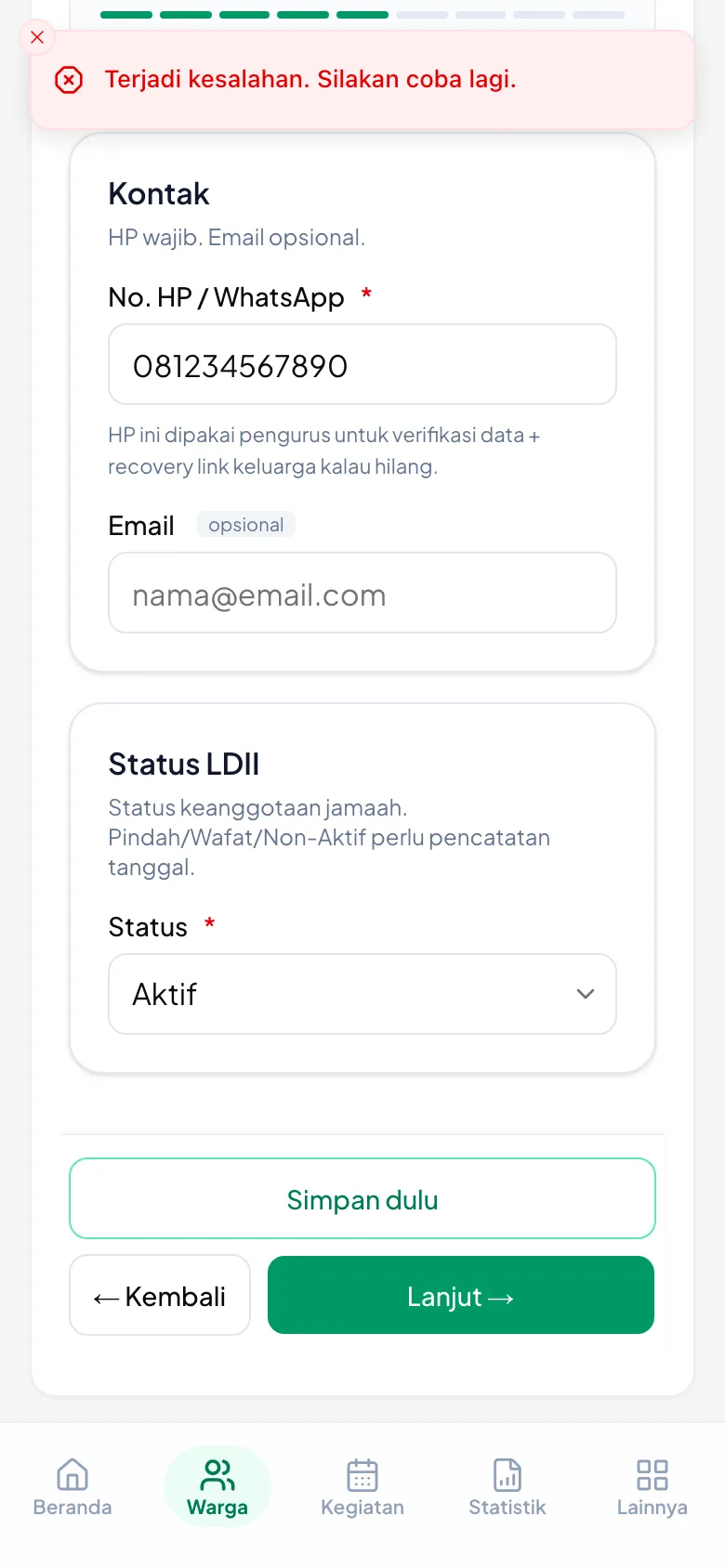 Kepala Keluarga sudah masuk, dengan tombol Tambah Anggota untuk anggota berikutnya.
