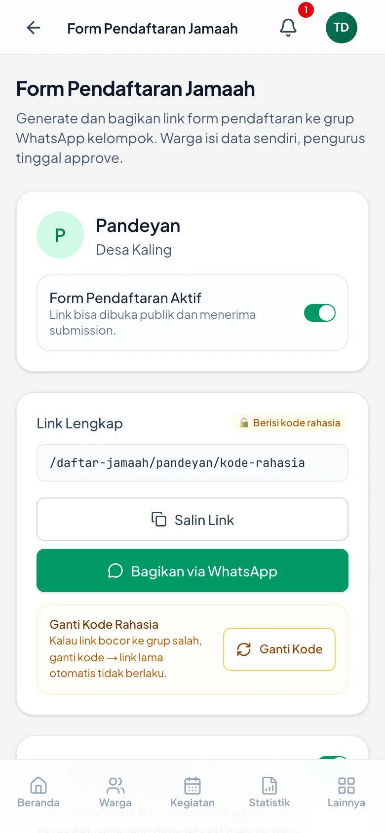 Tempat tautan pendaftaran kelompok Anda dibuat dan dibagikan.