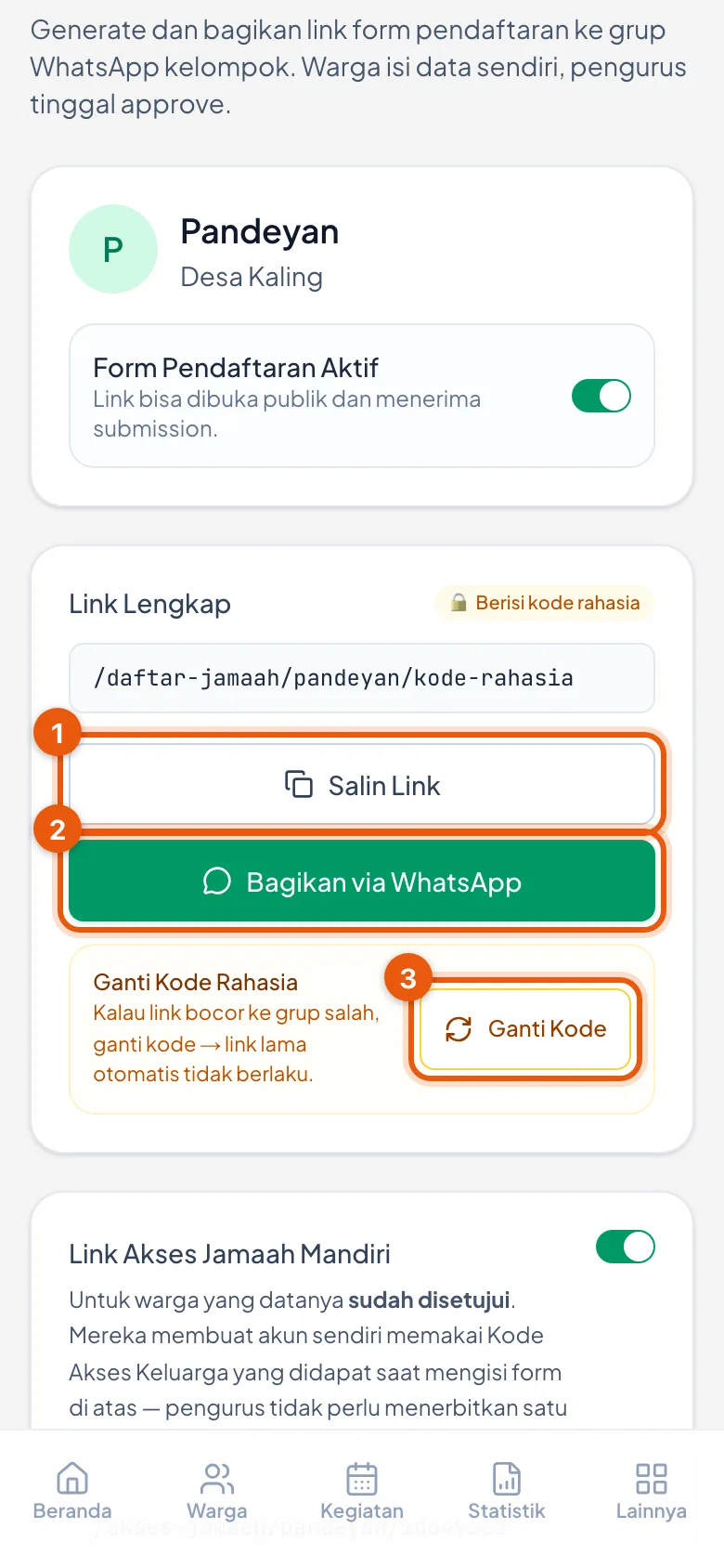 Nomor 1 Salin Link, nomor 2 Bagikan via WhatsApp, nomor 3 Ganti Kode.