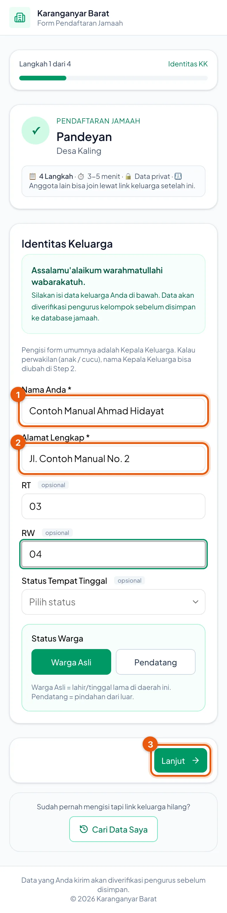 Nomor 1 nama pengisi, nomor 2 alamat, nomor 3 tombol Lanjut.