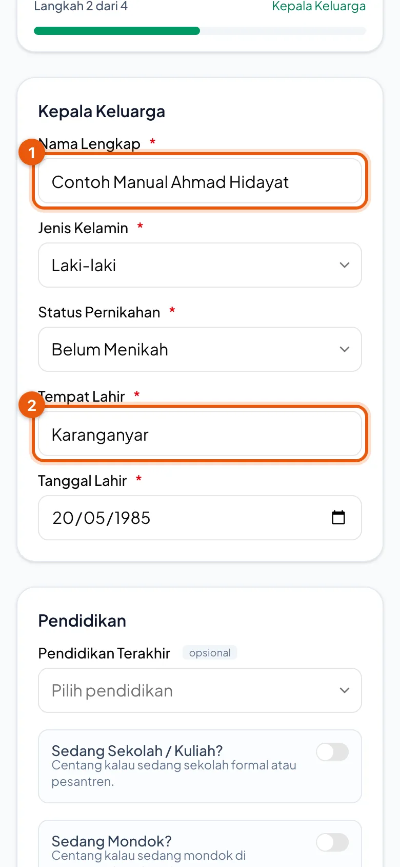 Nomor 1 nama Kepala Keluarga, nomor 2 tempat lahir. Nomor HP diisi di bagian bawah formulir yang sama.