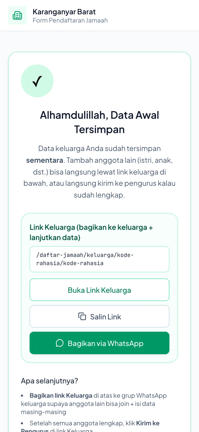 Tertulis "Data Awal Tersimpan" — tetapi pengurus belum menerimanya.