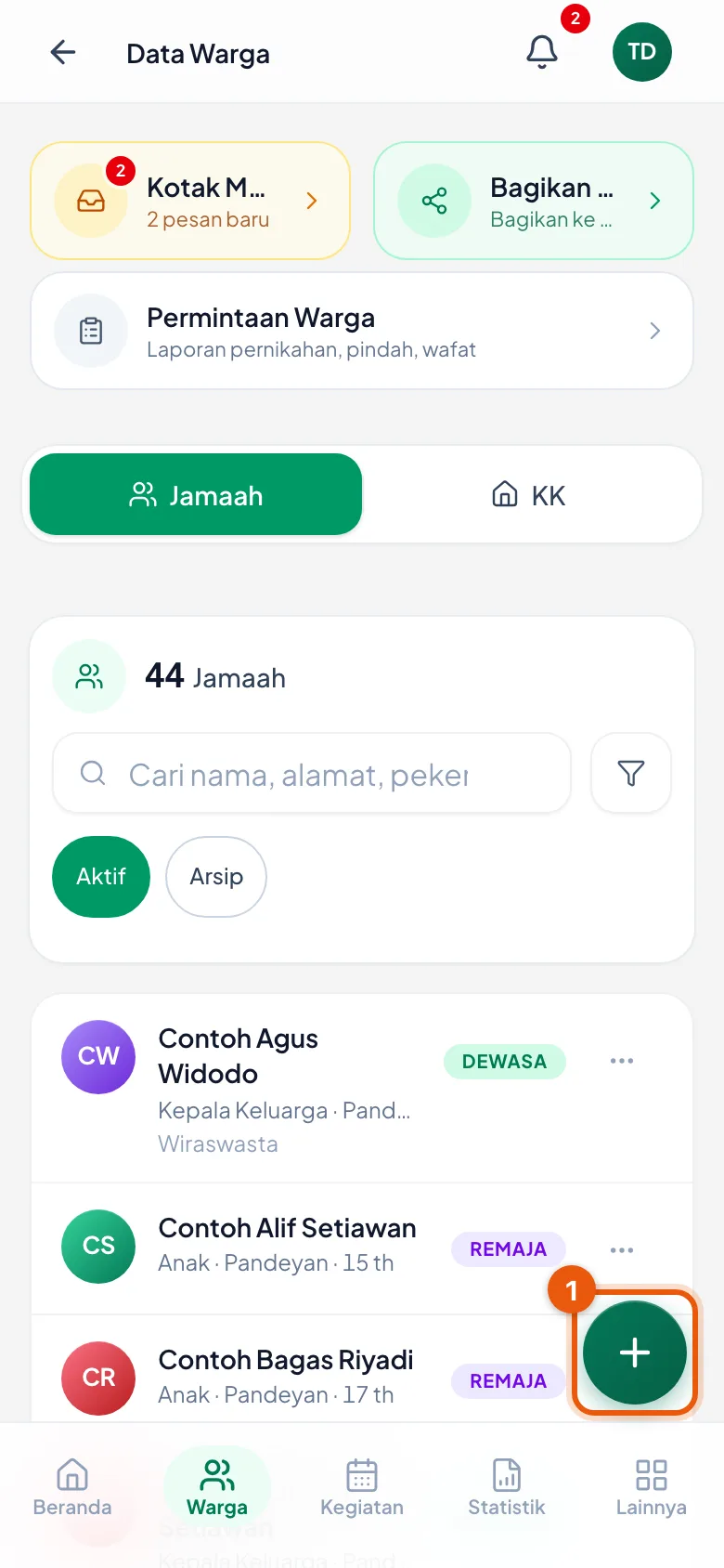 Dari sini semua tindakan data warga dibuka, termasuk Tambah.