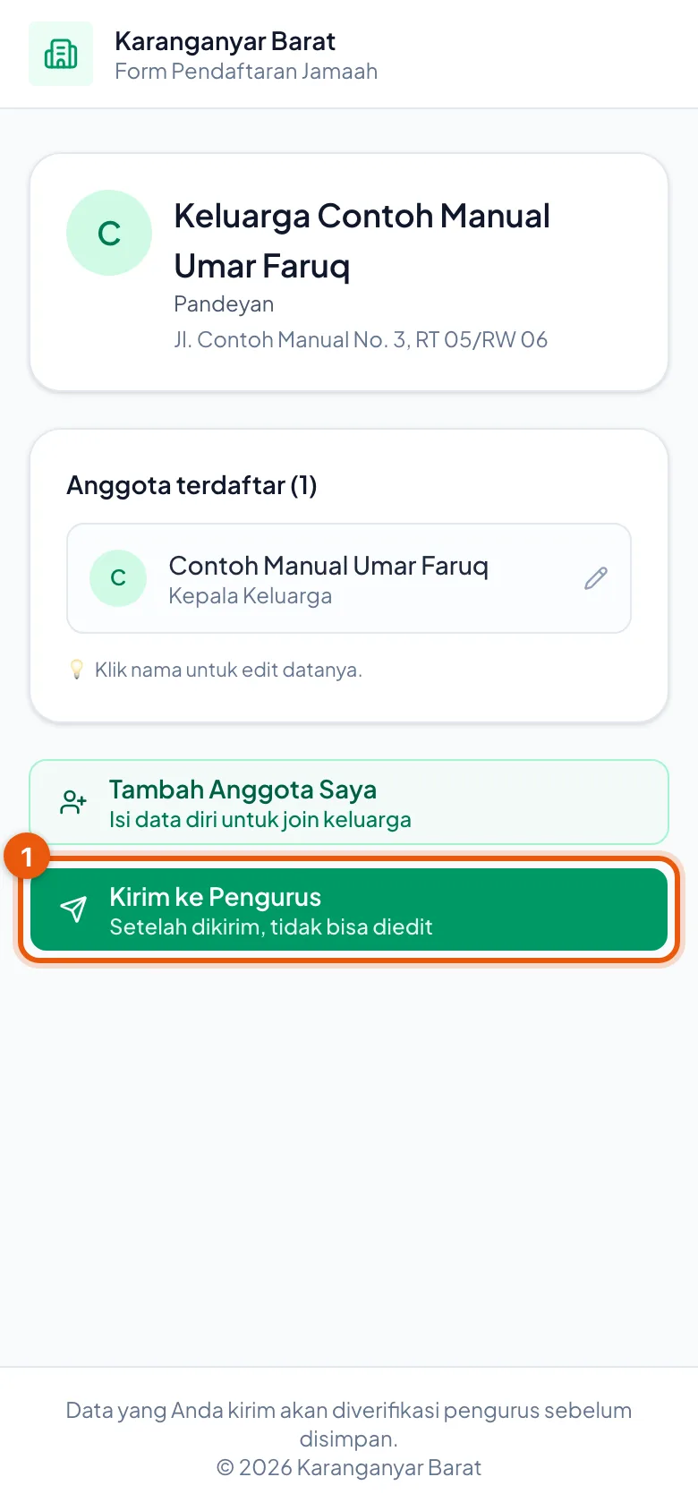 Kirim ke Pengurus — tanpa langkah ini, data tidak akan pernah sampai.