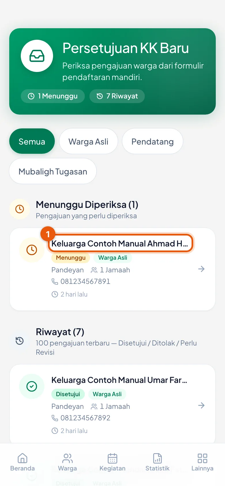 Nomor 1 menandai kartu pengajuan yang bisa diketuk.