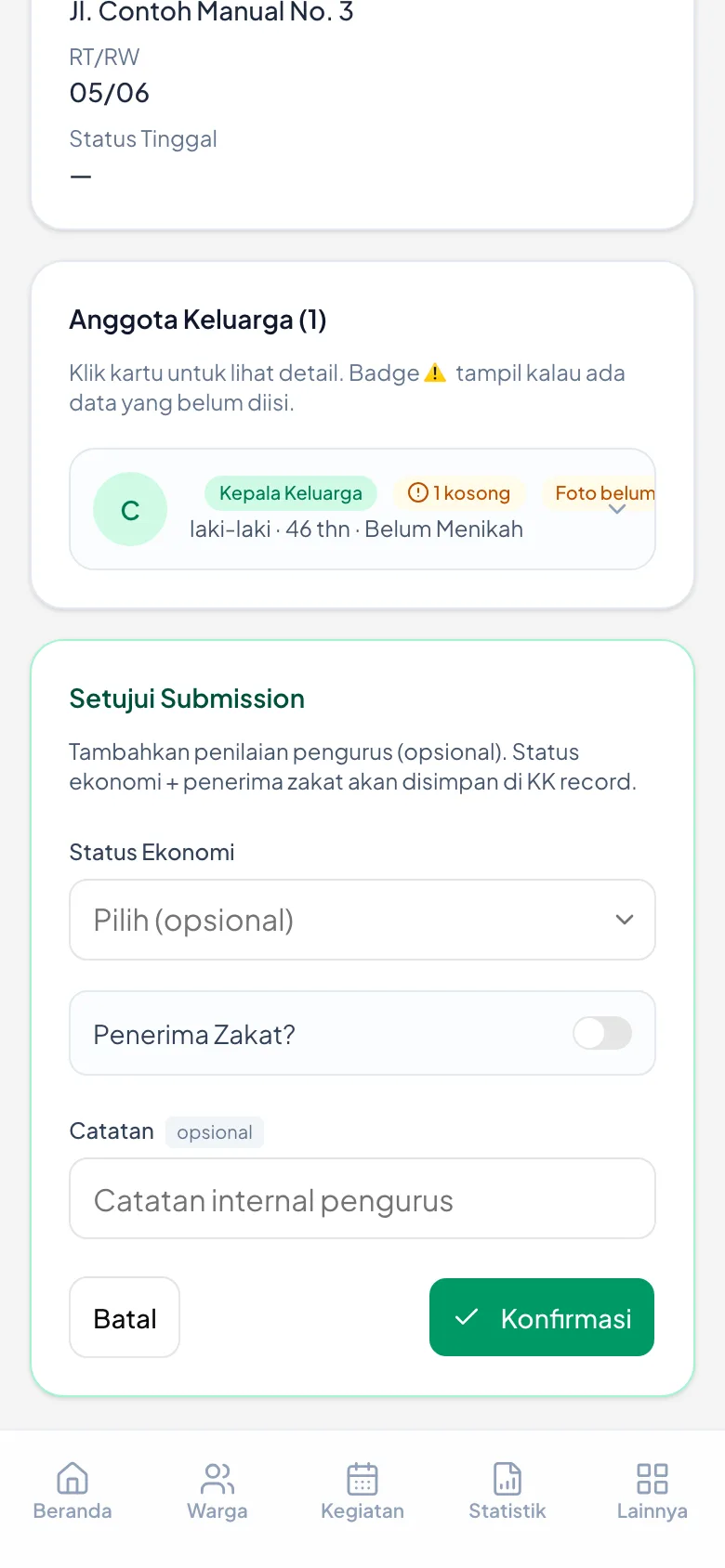 Tiga isian tambahan yang boleh dikosongkan, lalu tombol Konfirmasi.