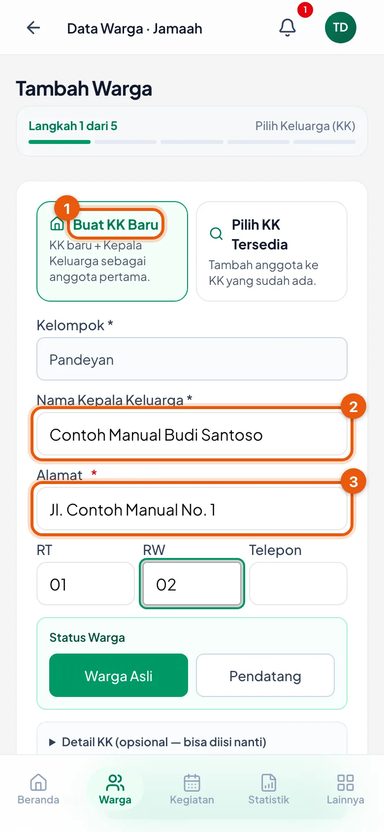 Nomor 1 pilihan Buat KK Baru, nomor 2 nama kepala keluarga, nomor 3 alamat.