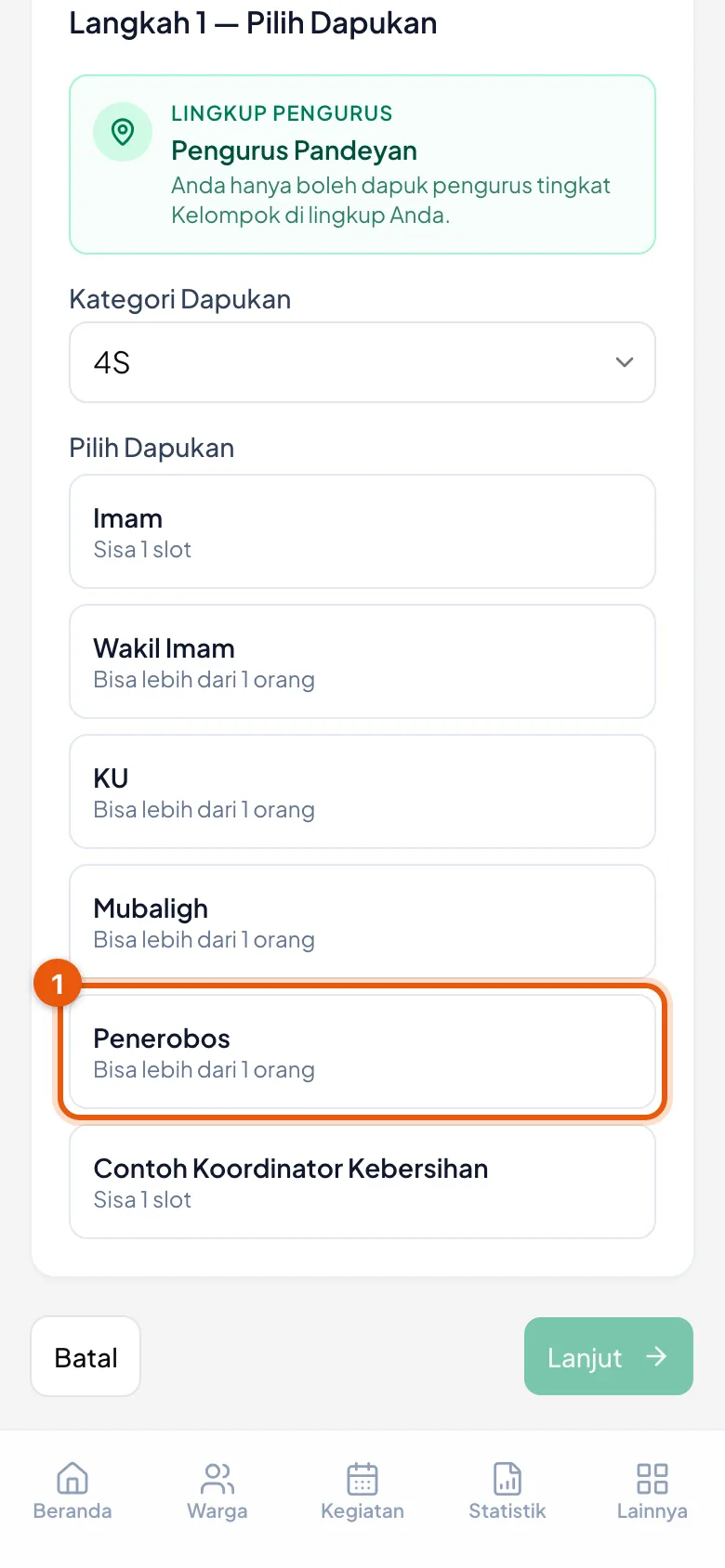Imam menyisakan 1 slot; Wakil Imam, KU, Mubaligh, dan Penerobos boleh dipegang lebih dari satu orang.