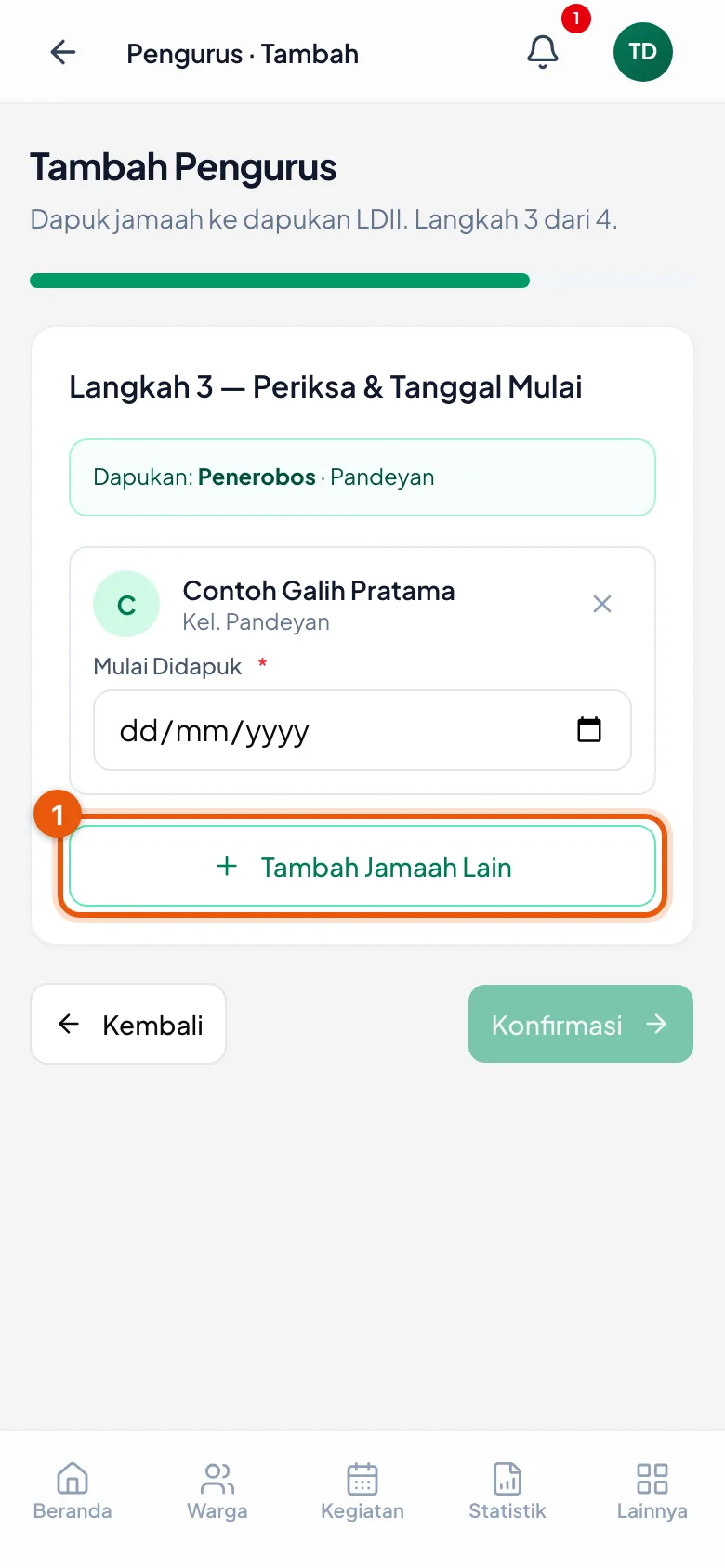Tombol ini mengembalikan Anda ke pencarian nama tanpa membuang nama yang sudah dipilih.