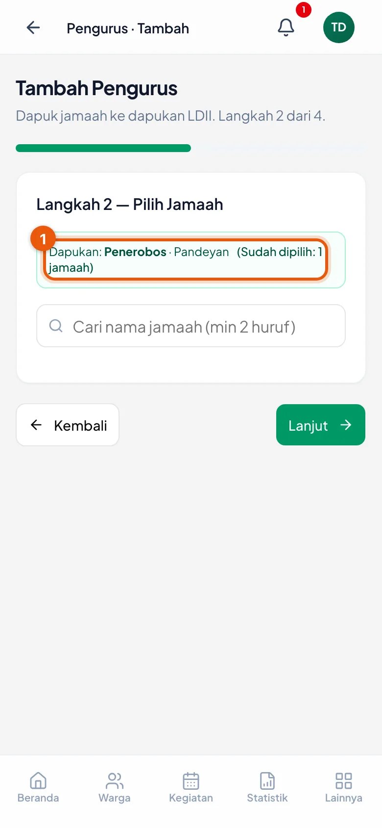 Kembali di Langkah 2, keterangan dapukan menyebut berapa jamaah yang sudah masuk daftar.