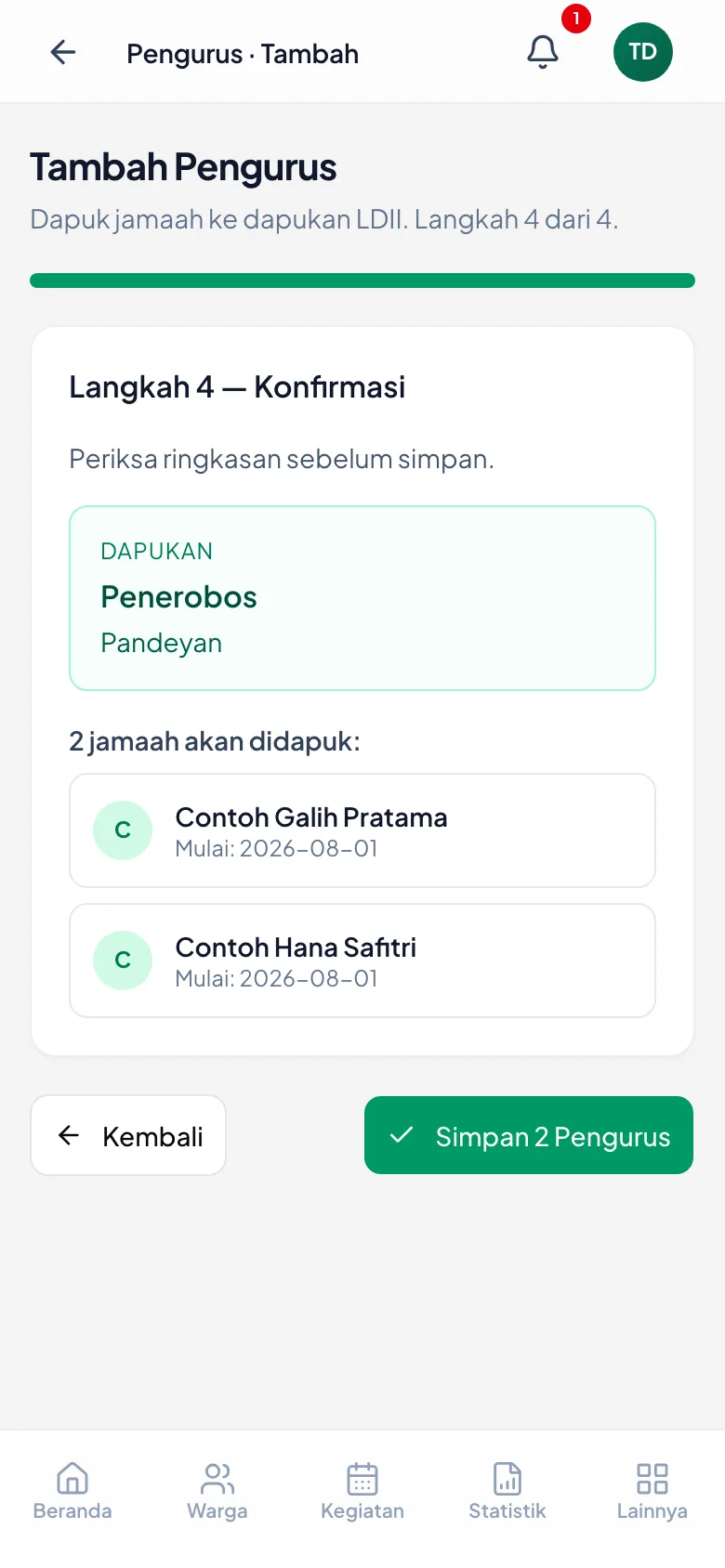 Di Langkah 4 tombolnya berbunyi Simpan 2 Pengurus — angkanya memastikan tidak ada yang tertinggal.
