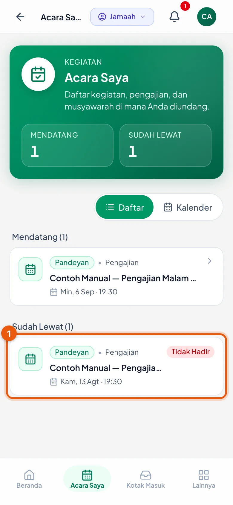 Kegiatan yang sudah lewat tetap terdaftar dan bisa dibuka.