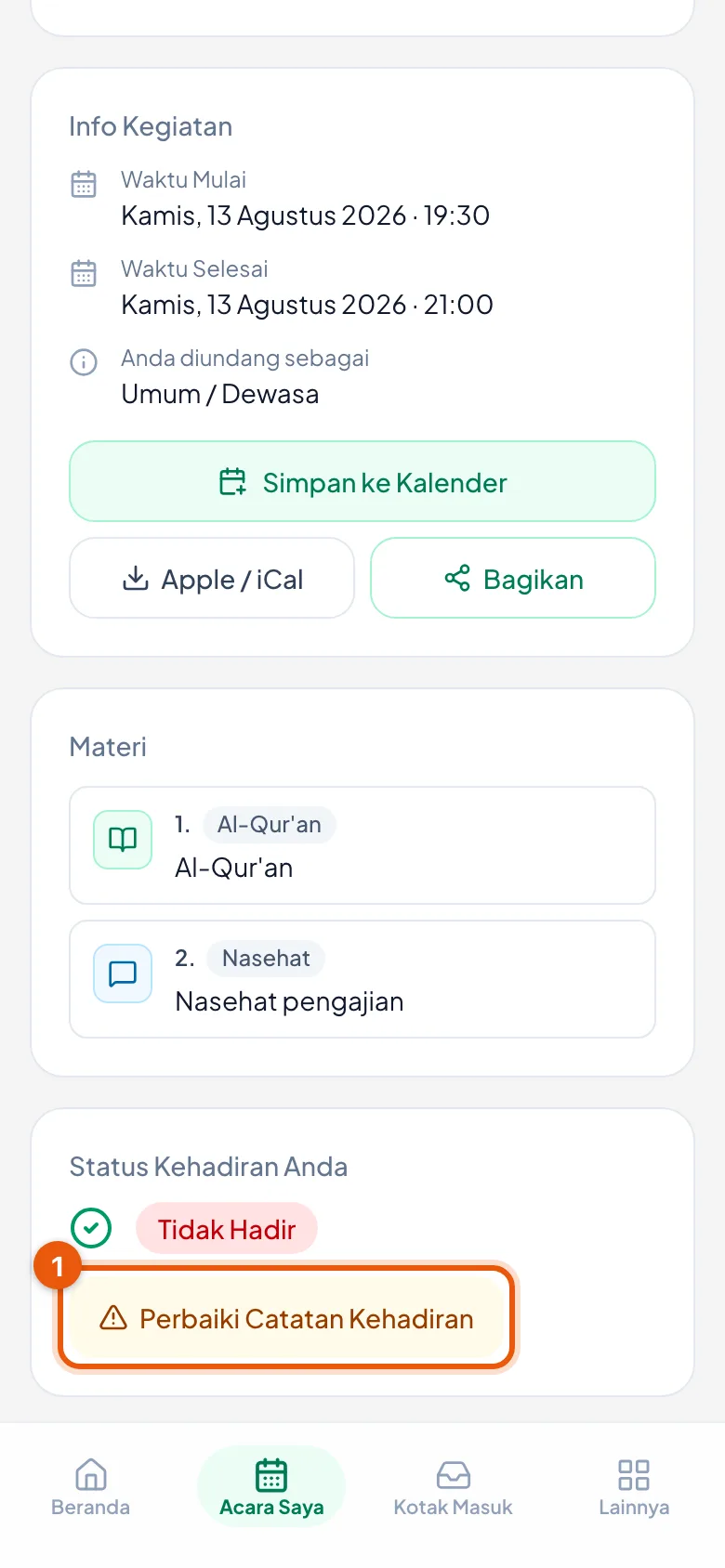 Status tercatat Tidak Hadir, dan tombol Perbaiki Catatan Kehadiran di bawahnya.