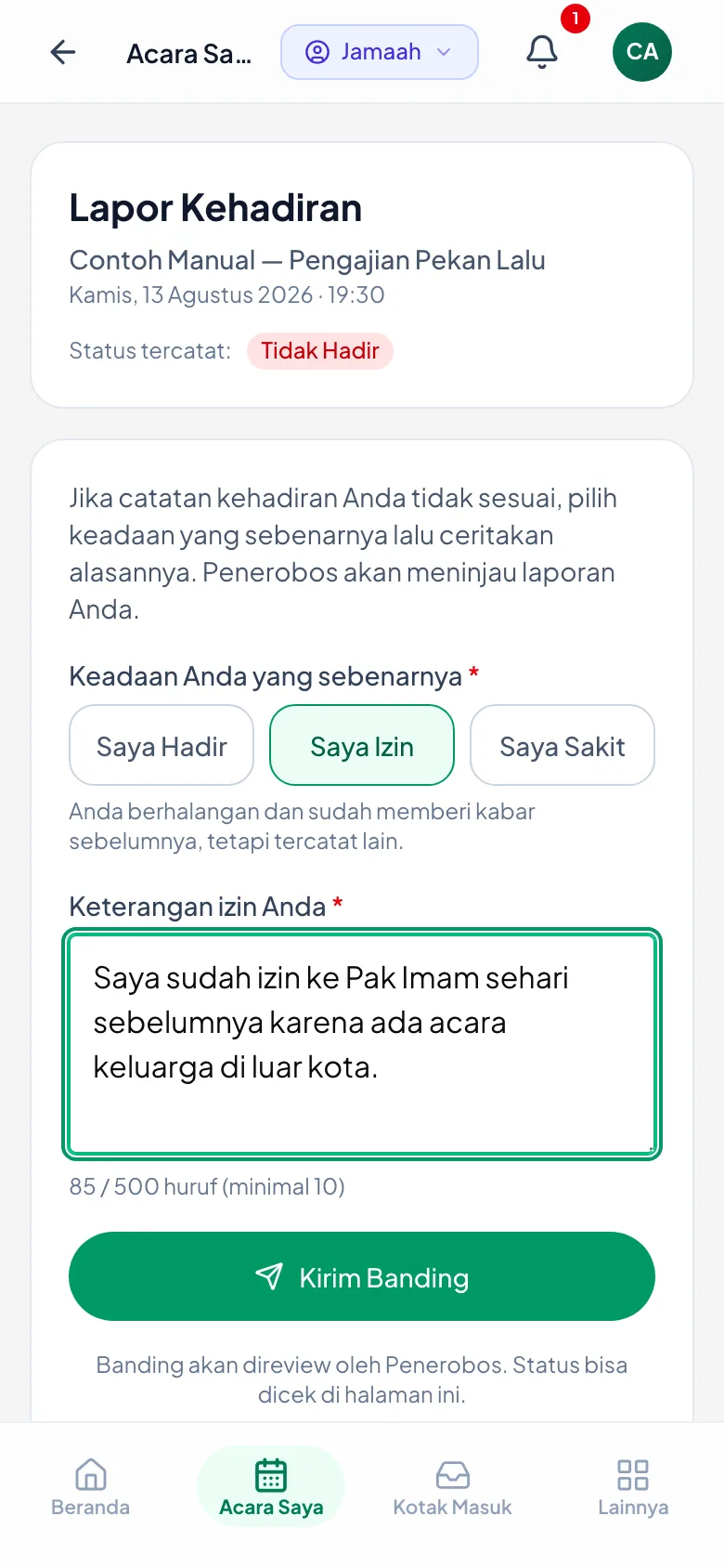 Status tercatat ditampilkan lagi di atas, agar jelas apa yang sedang dikoreksi.