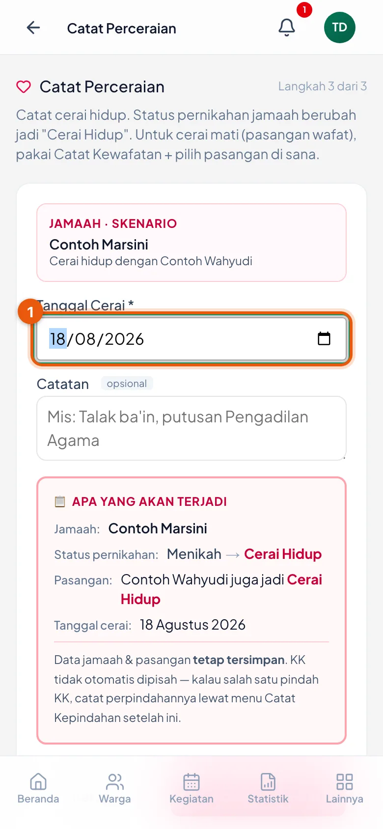 Kotak merah muda di atas mengulang siapa yang dicatat dan dengan siapa, supaya salah pilih ketahuan sebelum disimpan.