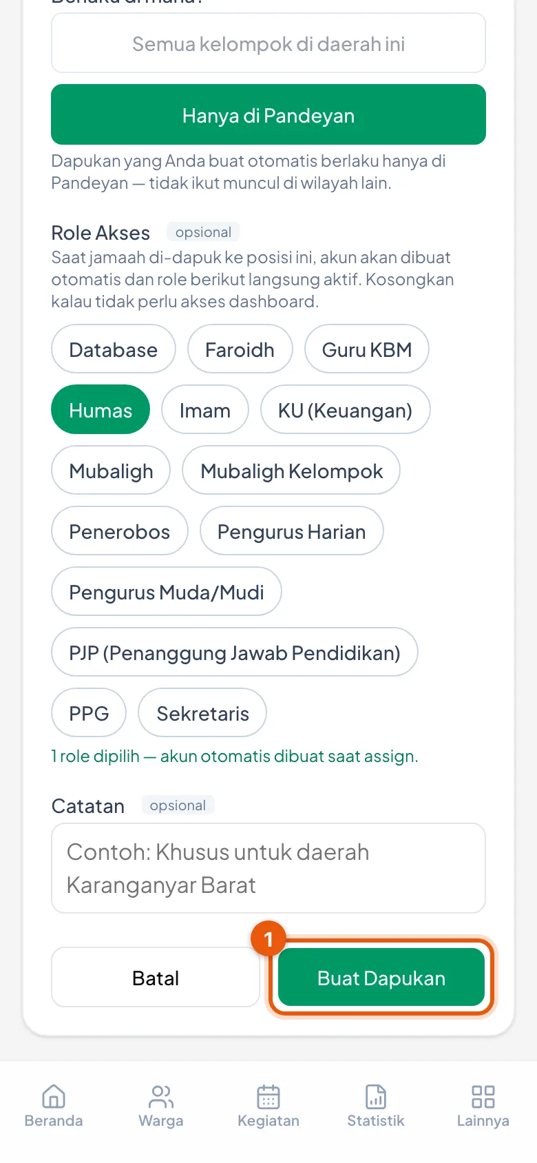 Tombol Buat Dapukan ada di dasar formulir, bersebelahan dengan Batal.