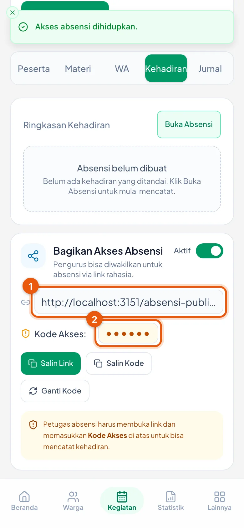 Peragaan: Nomor 1 tautannya, nomor 2 Kode Akses 6 angka. Pada gambar ini kodenya sengaja ditutup.
