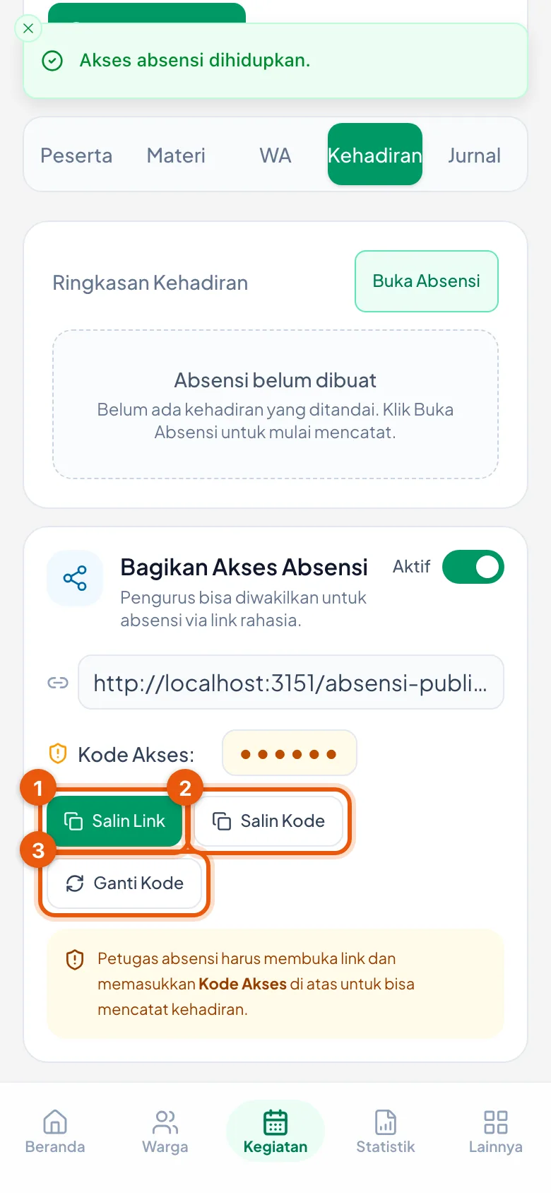 Peragaan: Nomor 1 Salin Link, nomor 2 Salin Kode, nomor 3 Ganti Kode.