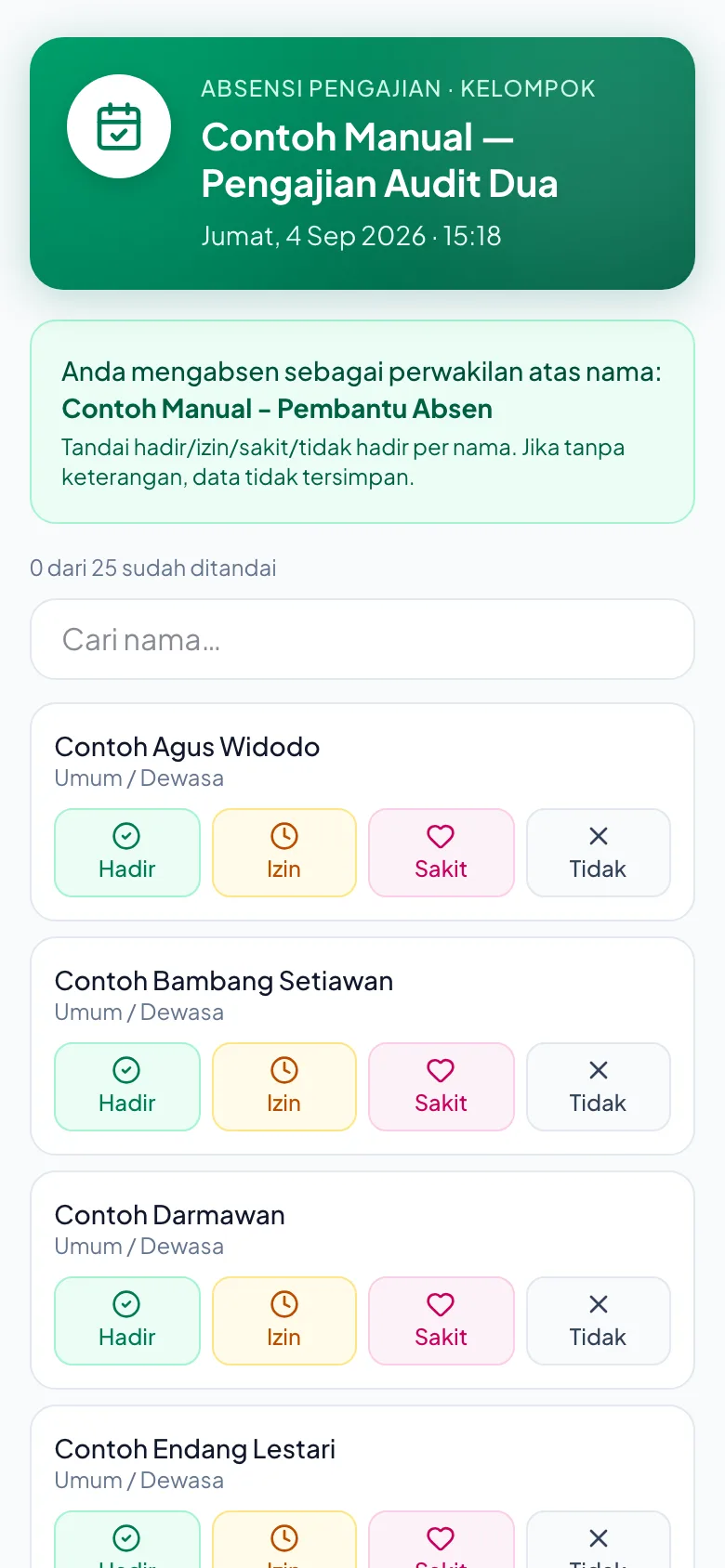Peragaan: Daftar nama dengan empat pilihan keadaan, dan pencacah di atasnya.