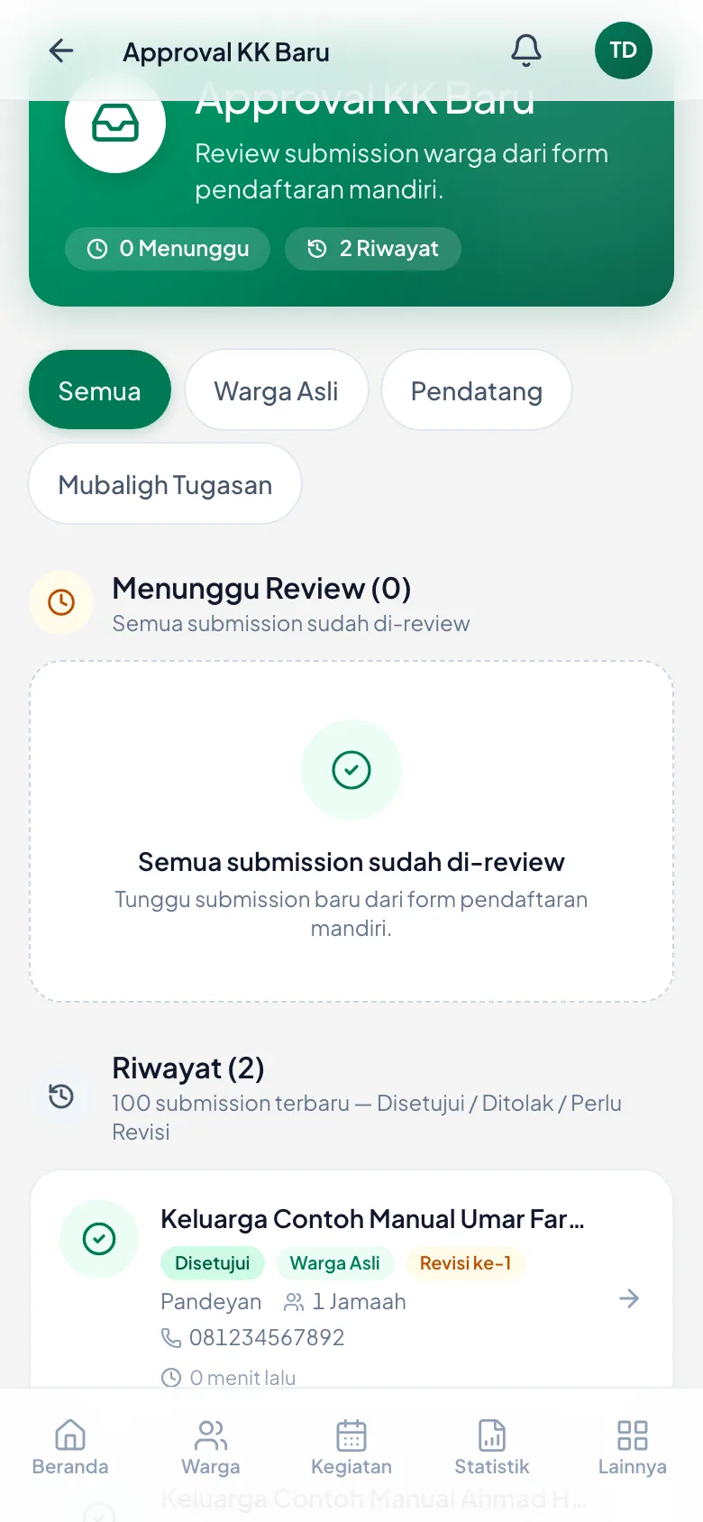 Menunggu kembali 0, dan pengajuan tercatat Disetujui di Riwayat.
