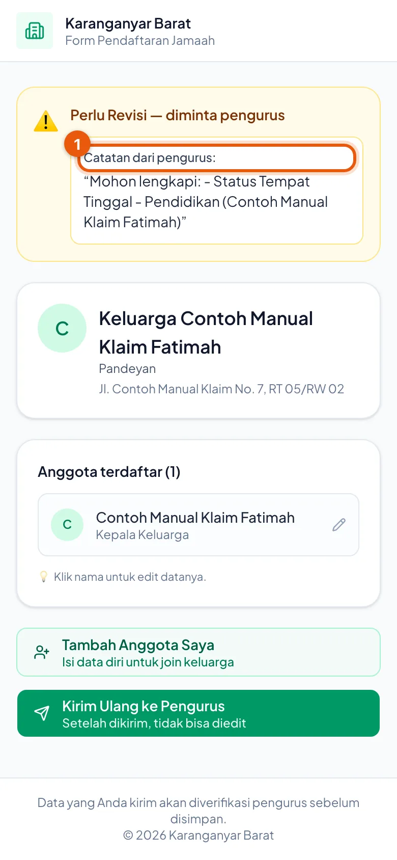 Warga membuka tautan keluarganya dan langsung melihat apa yang perlu dilengkapi.