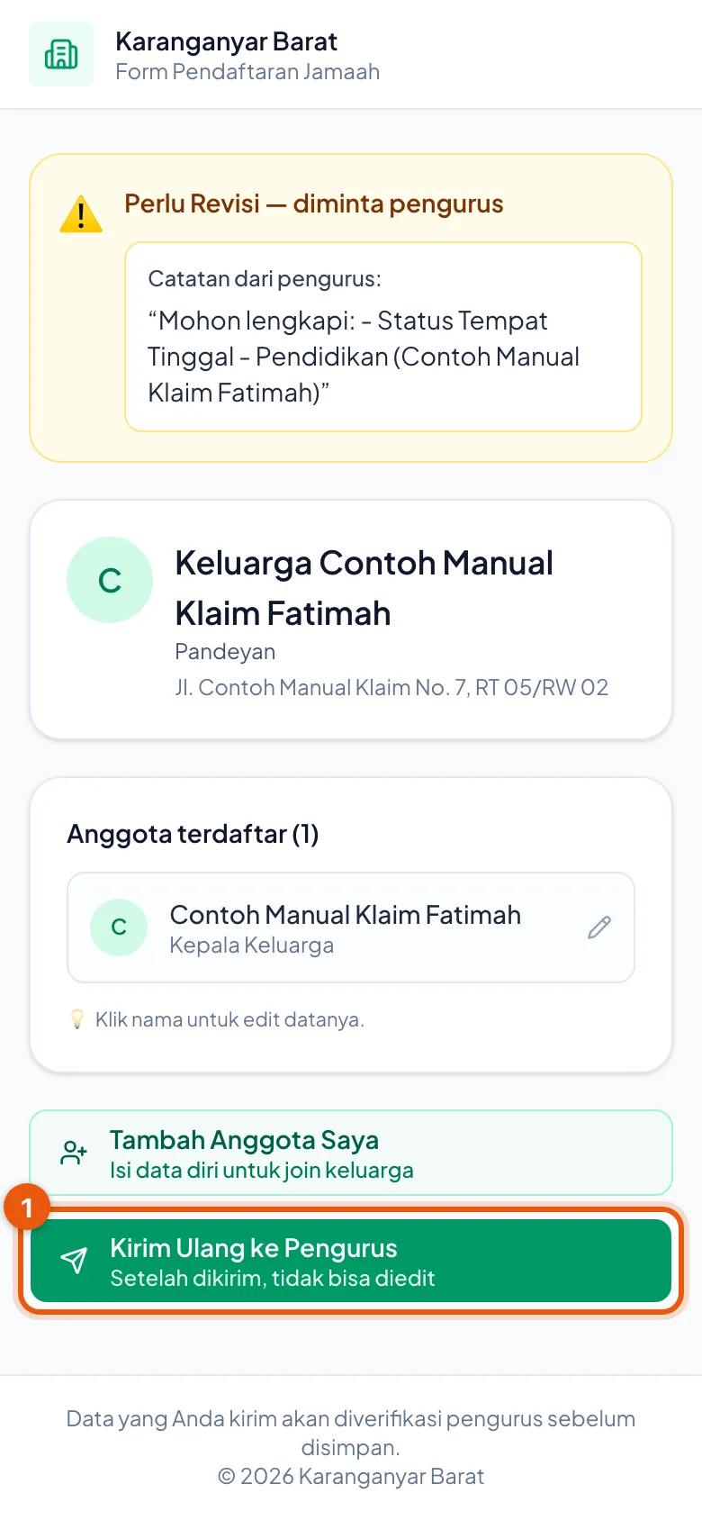 Menggantikan tombol kirim biasa selama pengajuan berstatus perlu revisi.