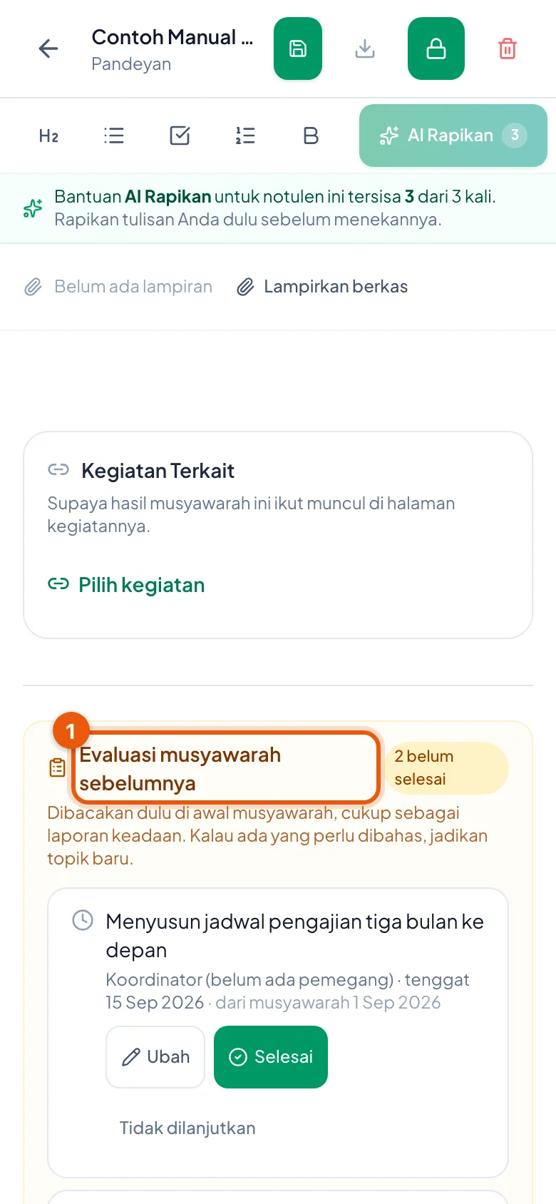 Peragaan: Nomor 1 kotak kuning berisi janji yang belum tutup, lengkap dengan asal musyawarahnya.