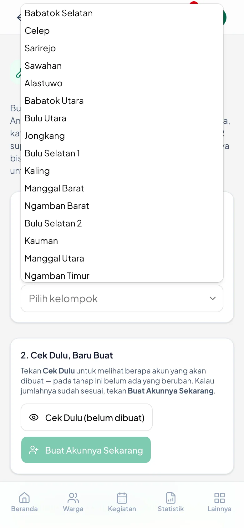 Daftar kelompok yang boleh Anda buatkan akunnya.