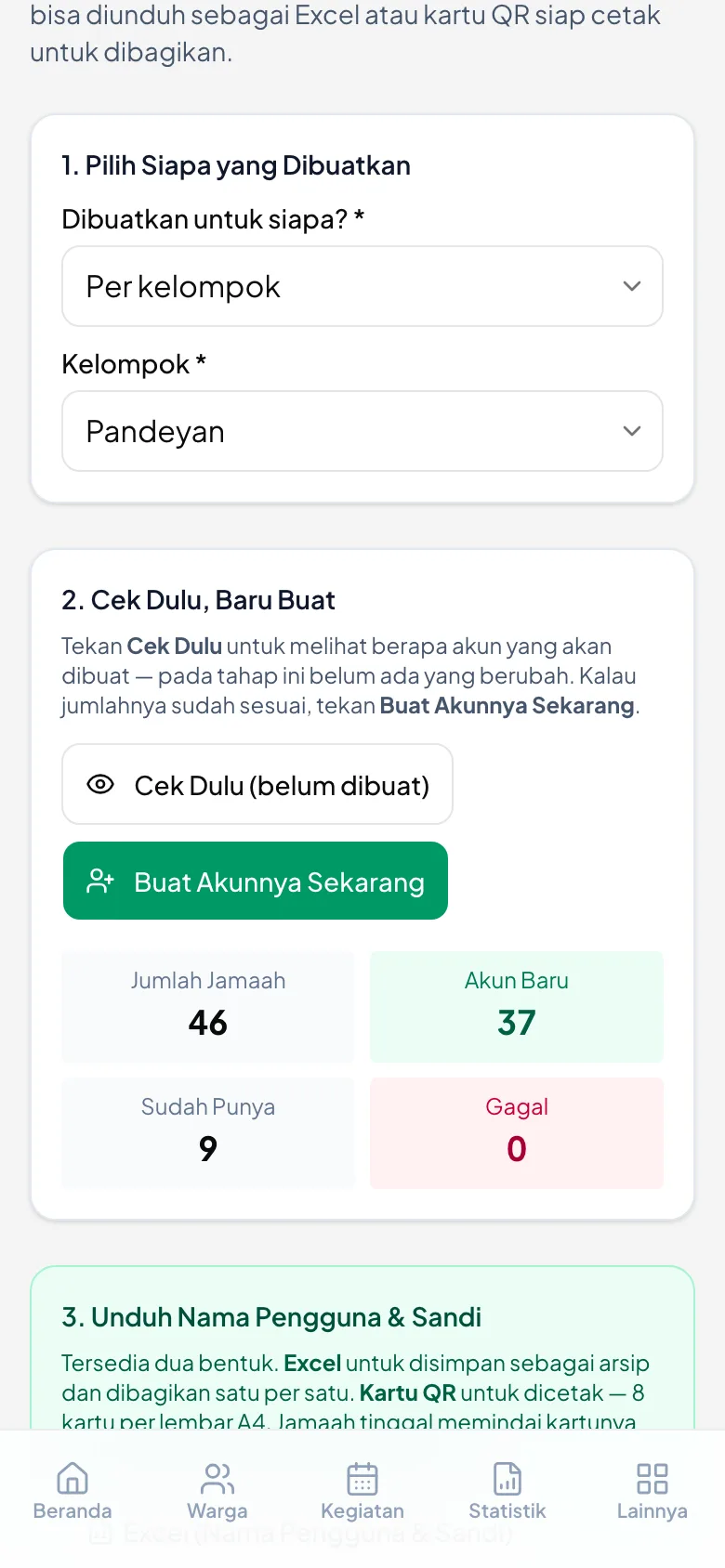 Status tiap jamaah. Gambar ini dari pengecekan ULANG, jadi berbunyi “Sudah Punya”; pada pengecekan pertama semuanya berbunyi “Akan Dibuat”.