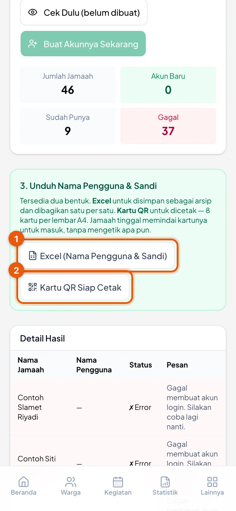 Kartu QR untuk dibagikan, Excel untuk arsip pengurus.