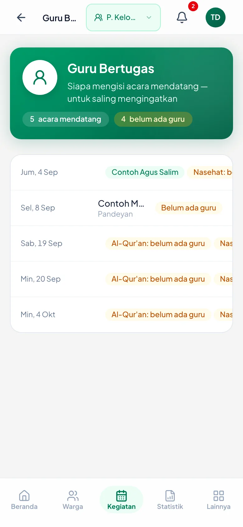Peragaan: Dua angka di kepala halaman, lalu tiap baris satu acara dengan penanda jingga untuk materi yang belum ada gurunya.