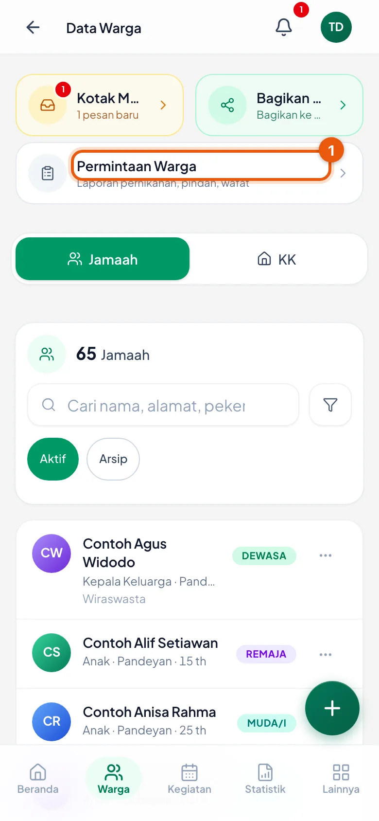 Kartu ini ada di halaman Data Warga, di atas daftar jamaah. Keterangannya berubah jadi jumlah permintaan begitu ada yang masuk.